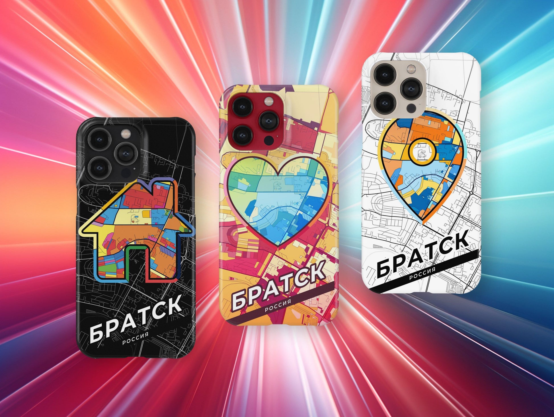 Bratsk Russia slim phone case with colorful icon. Birthday, wedding or housewarming gift. Couple match cases.