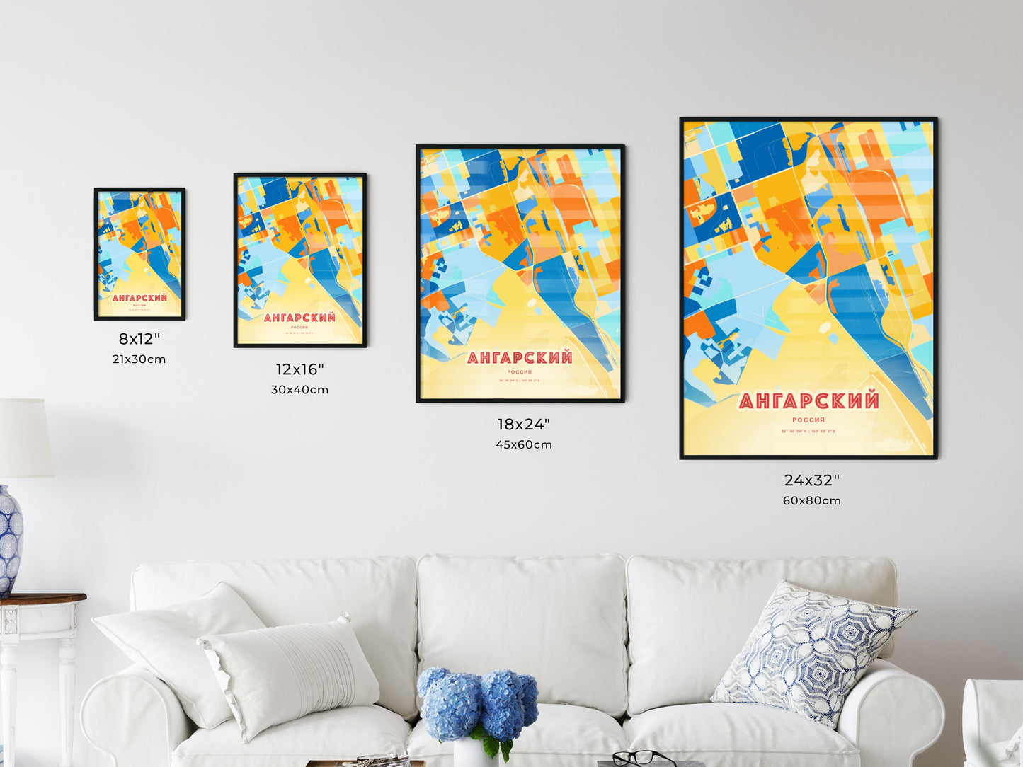 Colorful ANGARSK RUSSIA Fine Art Map Blue Orange