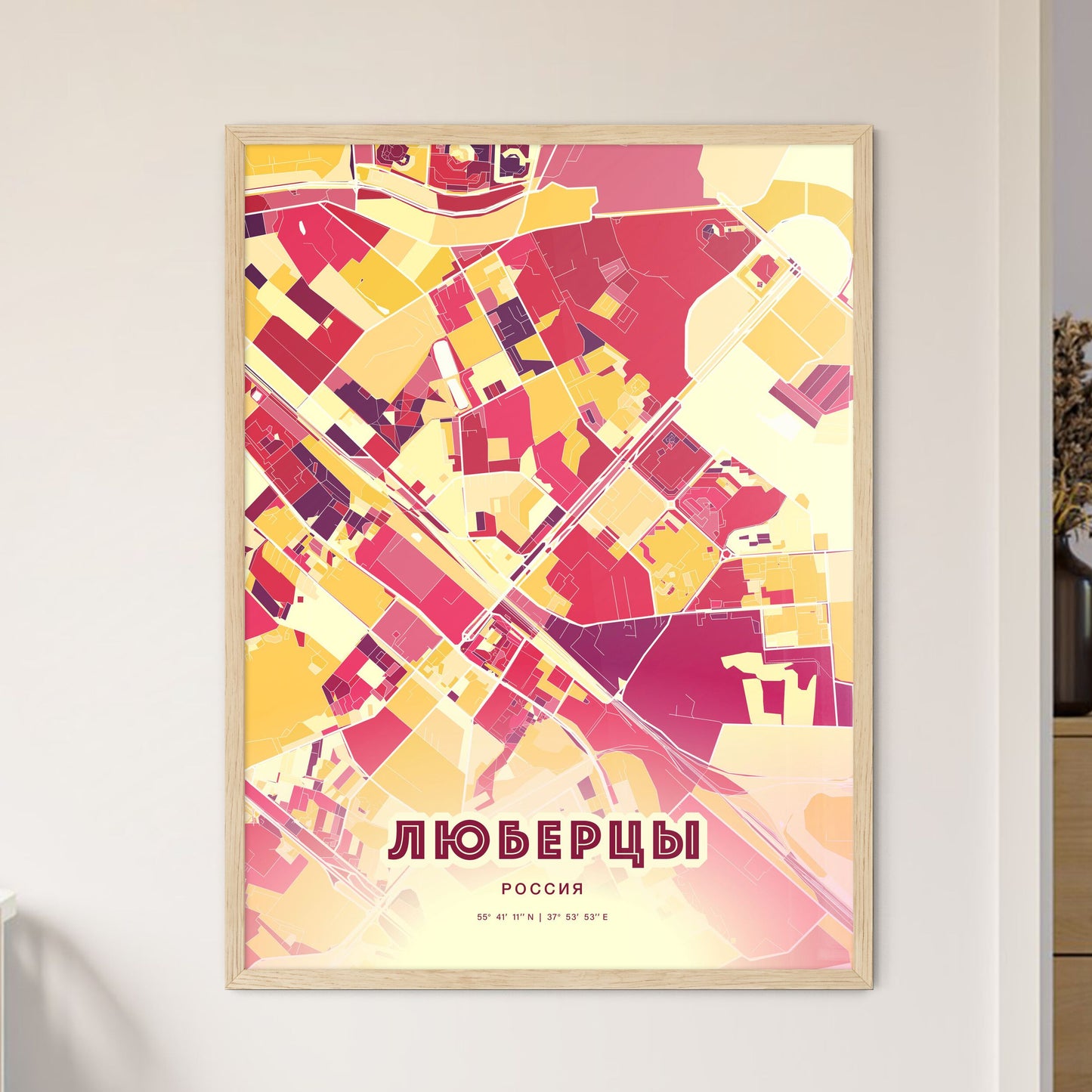 Colorful LYUBERTSY RUSSIA Fine Art Map Hot Red