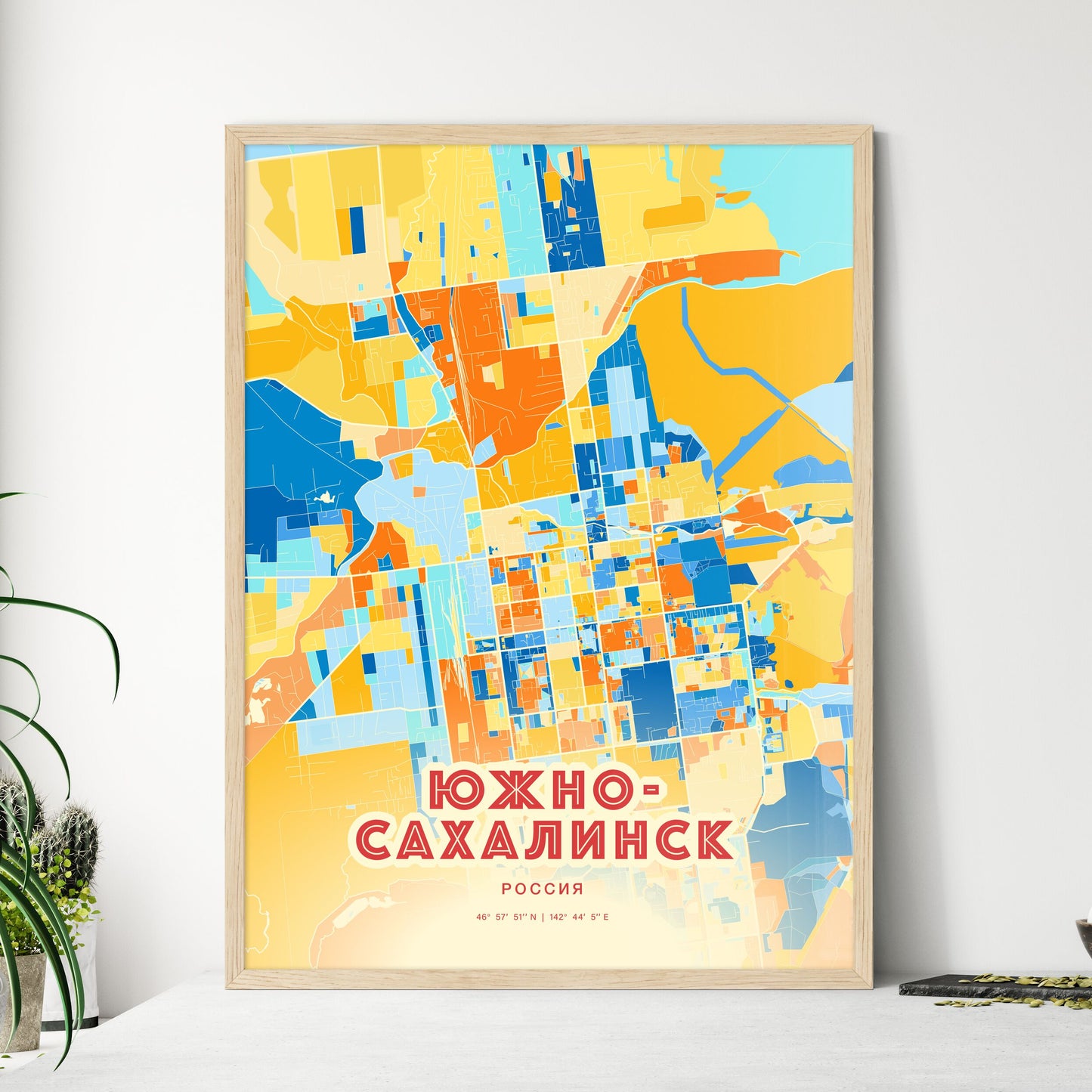 Colorful YUZHNO-SAKHALINSK RUSSIA Fine Art Map Blue Orange