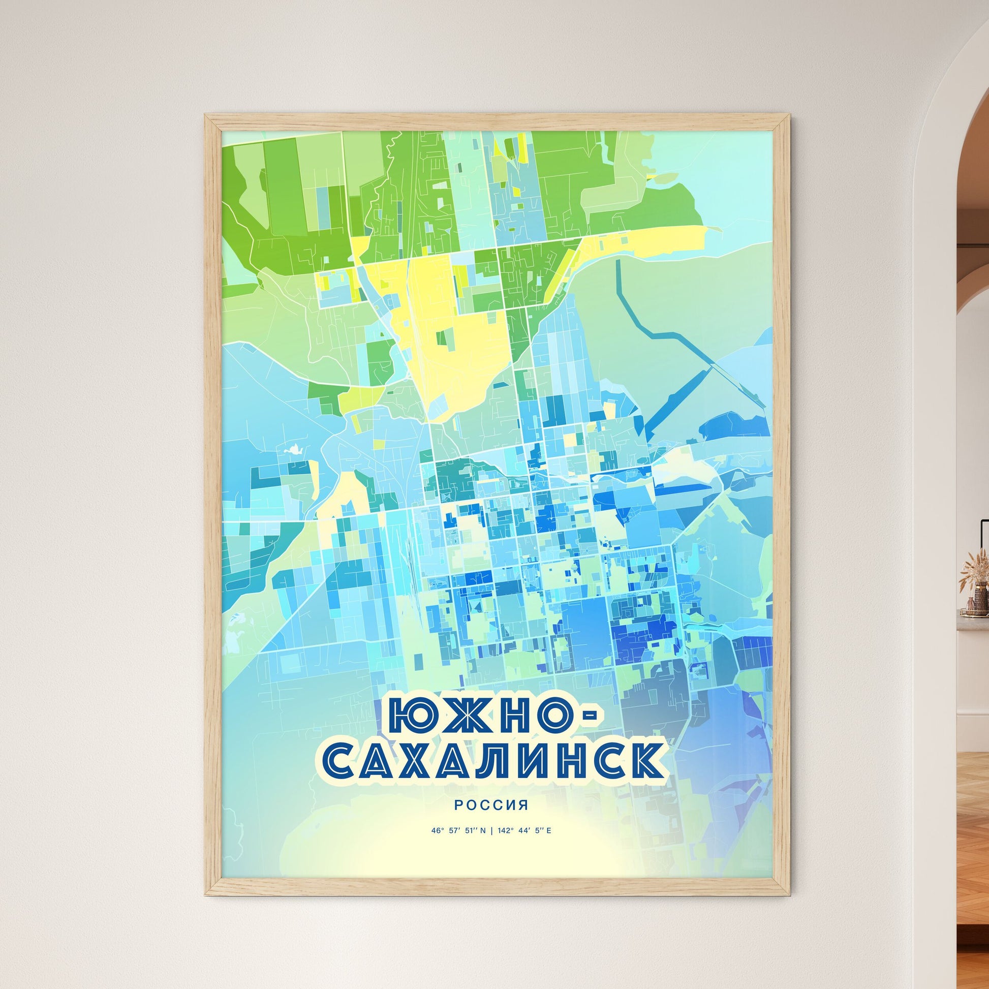 Colorful YUZHNO-SAKHALINSK RUSSIA Fine Art Map Cool Blue