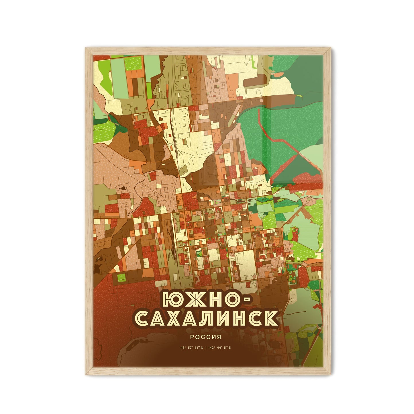 Colorful YUZHNO-SAKHALINSK RUSSIA Fine Art Map Farmhouse