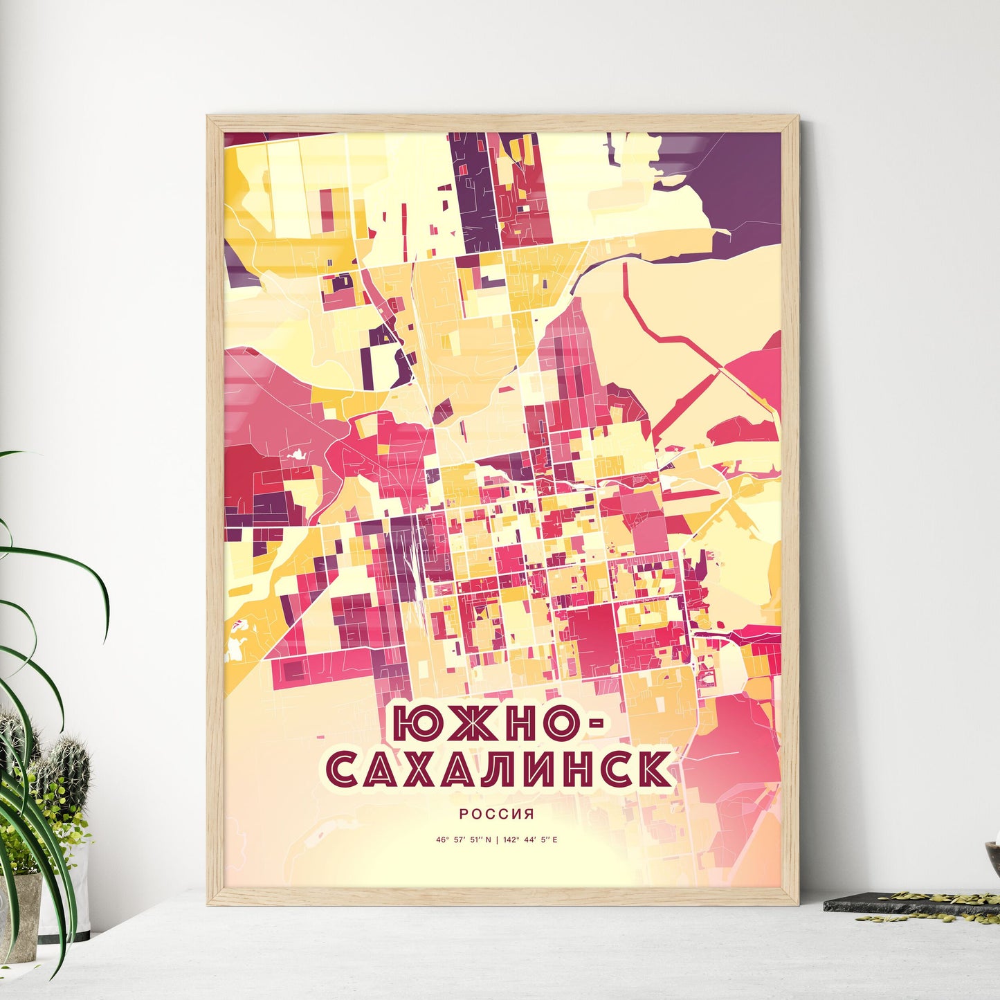 Colorful YUZHNO-SAKHALINSK RUSSIA Fine Art Map Hot Red