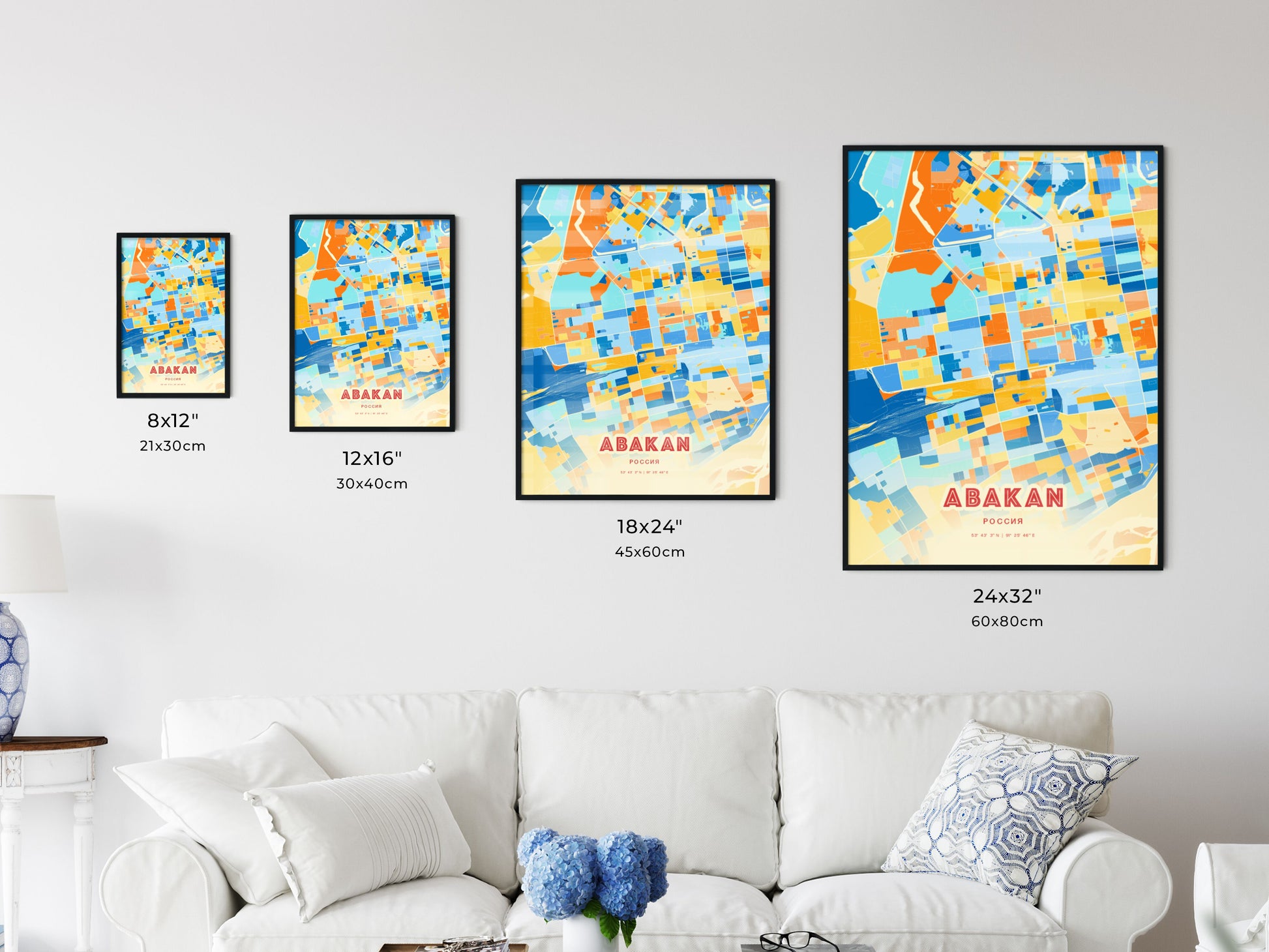 Colorful ABAKAN RUSSIA Fine Art Map Blue Orange