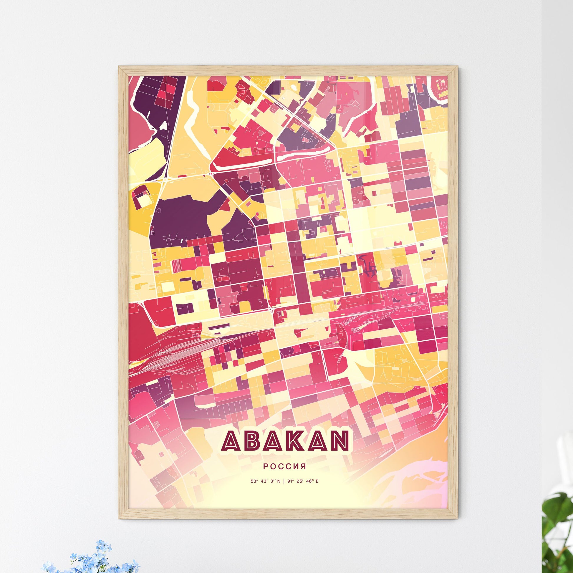 Colorful ABAKAN RUSSIA Fine Art Map Hot Red