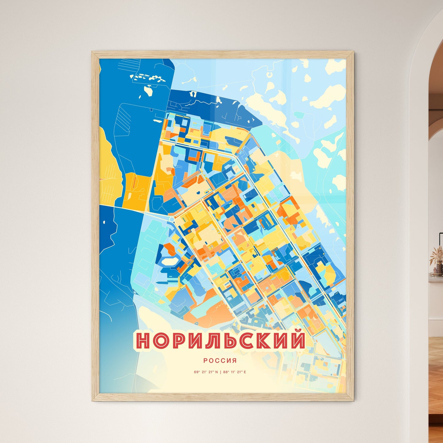 Colorful NORILSK RUSSIA Fine Art Map Blue Orange