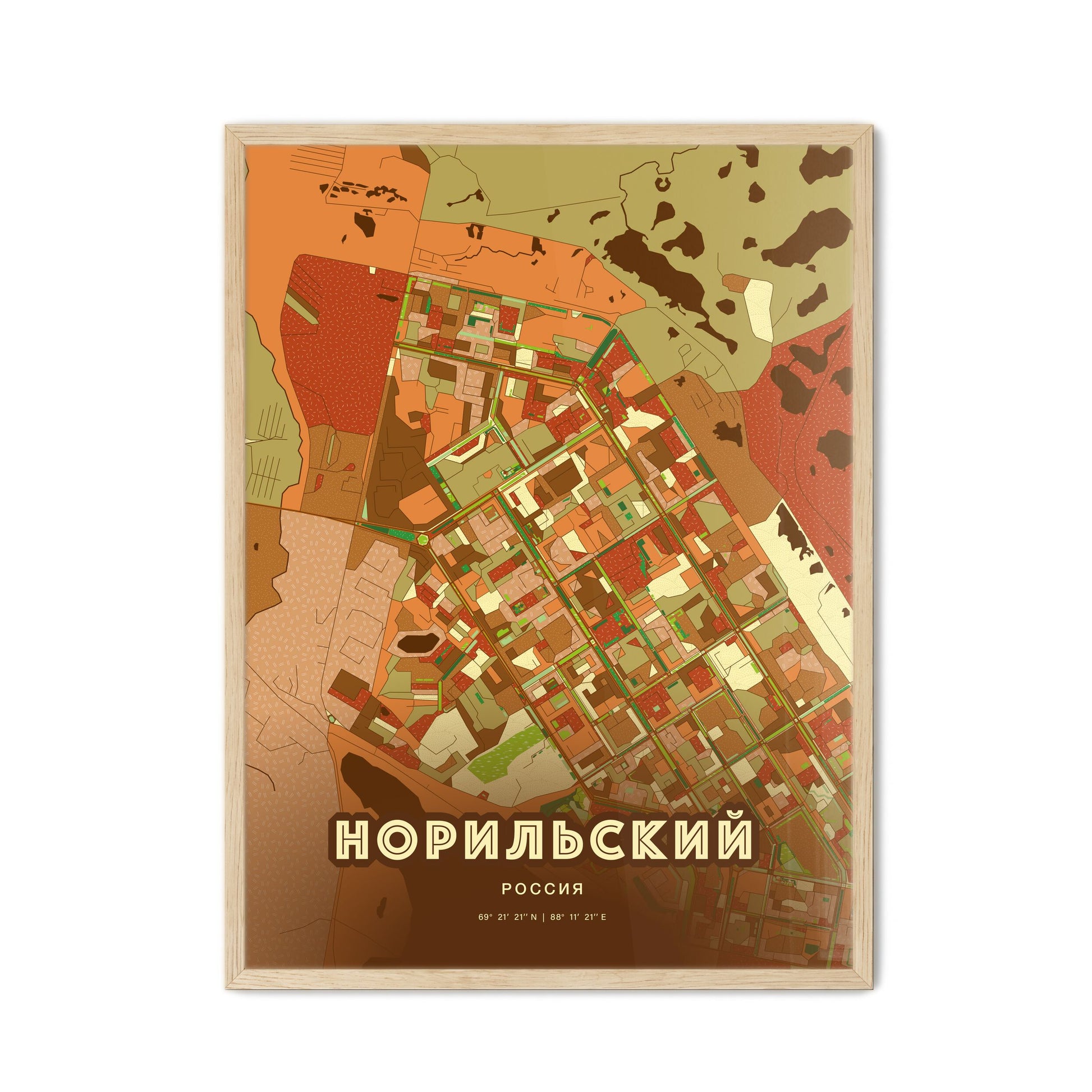 Colorful NORILSK RUSSIA Fine Art Map Farmhouse