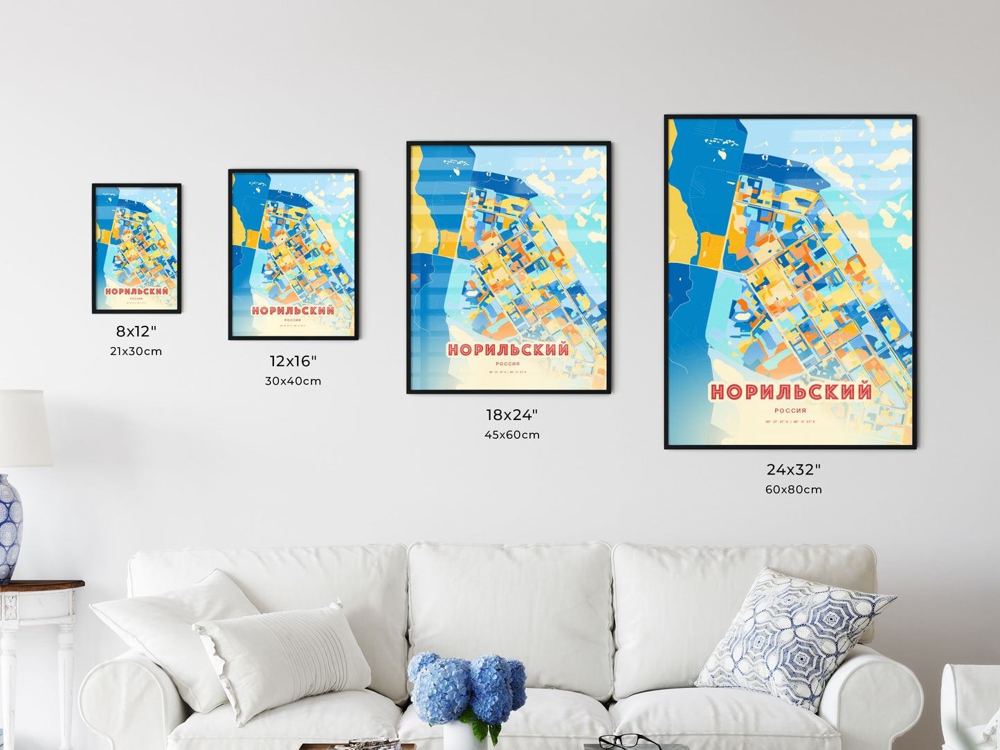 Colorful NORILSK RUSSIA Fine Art Map Blue Orange