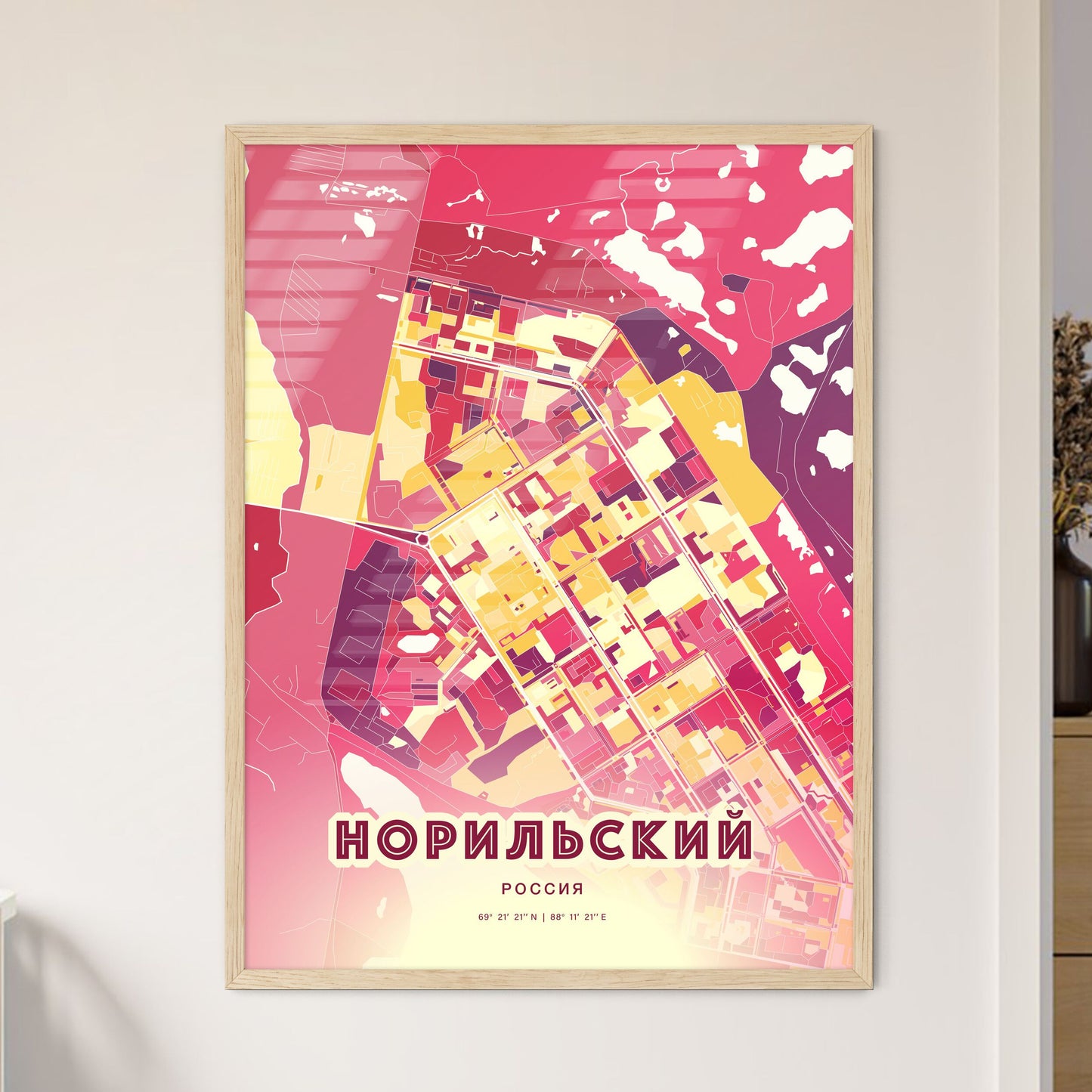 Colorful NORILSK RUSSIA Fine Art Map Hot Red