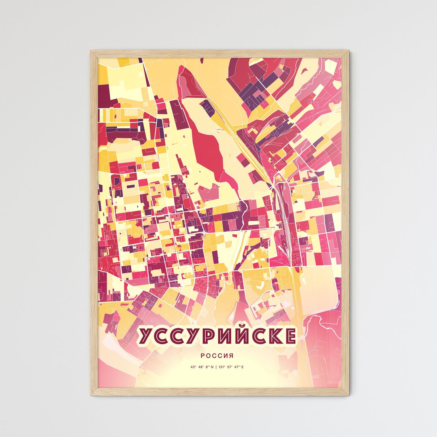 Colorful USSURIYSK RUSSIA Fine Art Map Hot Red