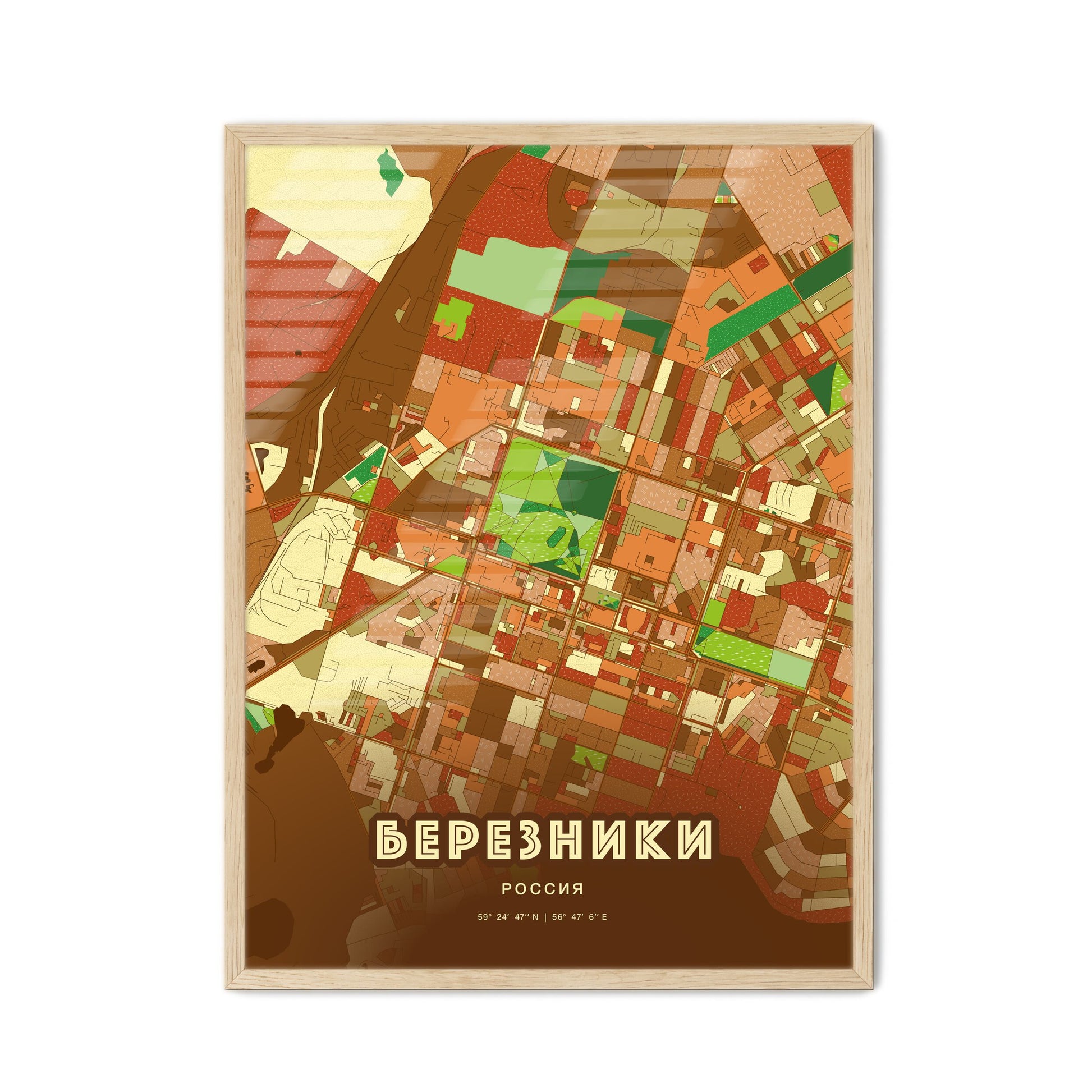 Colorful BEREZNIKI RUSSIA Fine Art Map Farmhouse