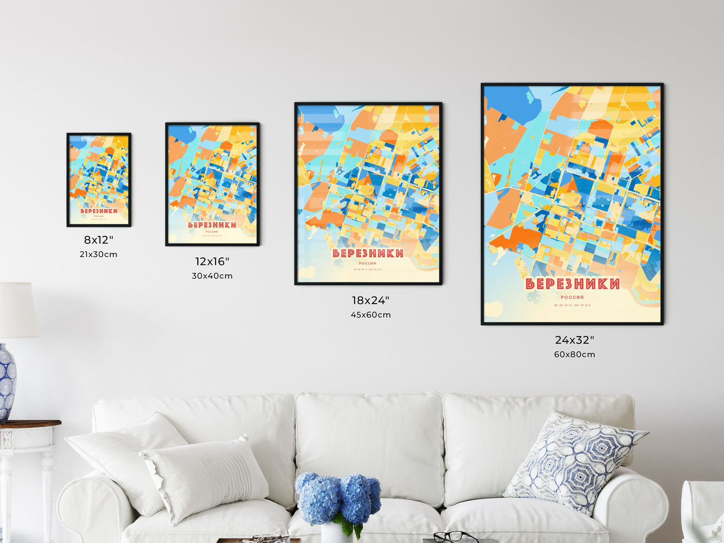 Colorful BEREZNIKI RUSSIA Fine Art Map Blue Orange