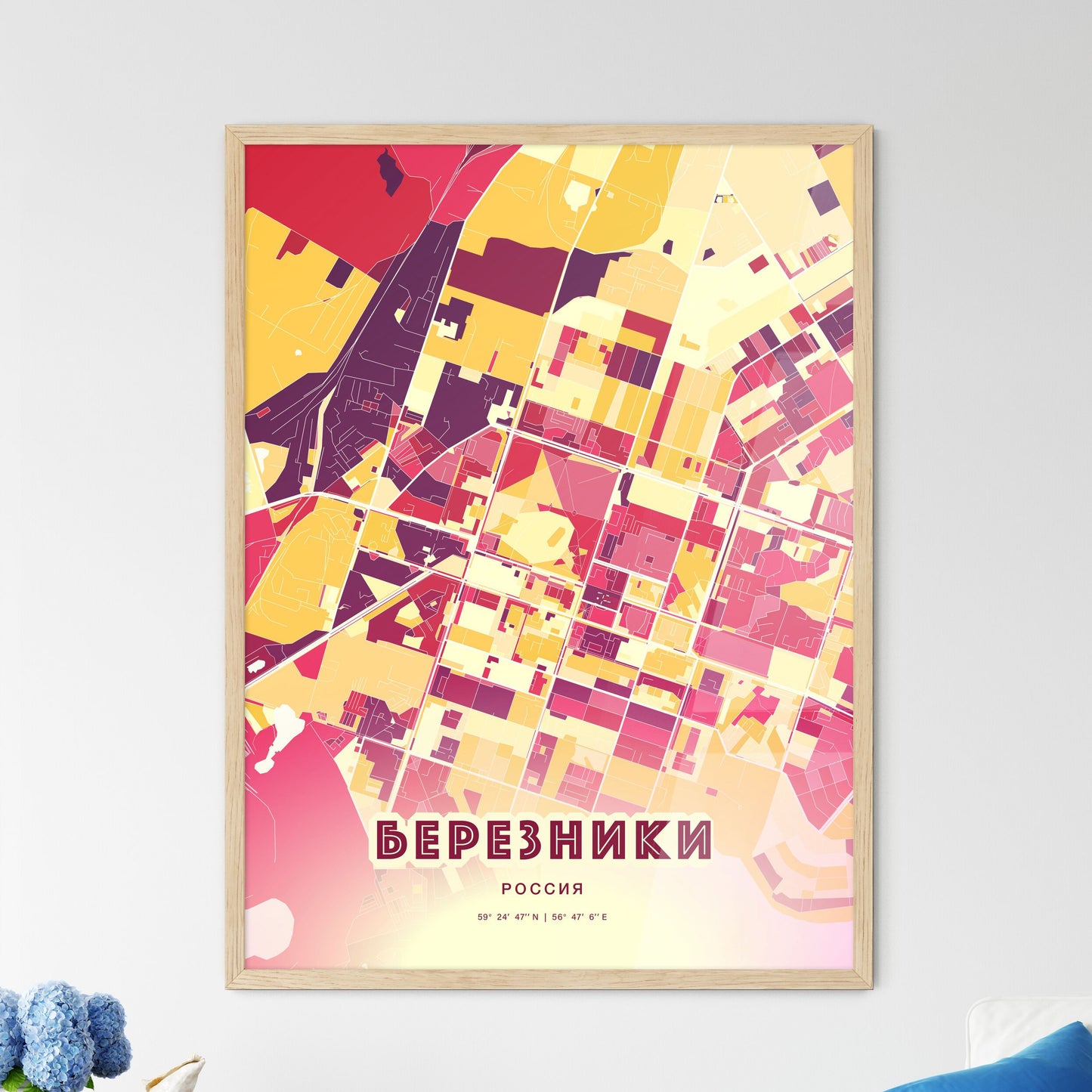 Colorful BEREZNIKI RUSSIA Fine Art Map Hot Red