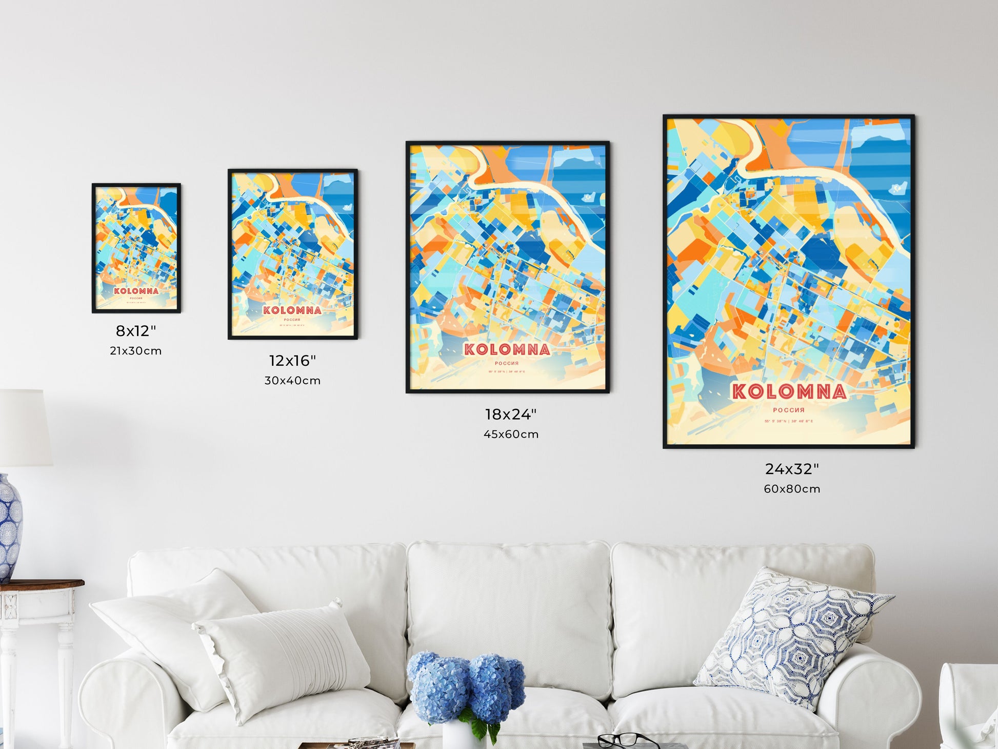 Colorful KOLOMNA RUSSIA Fine Art Map Blue Orange