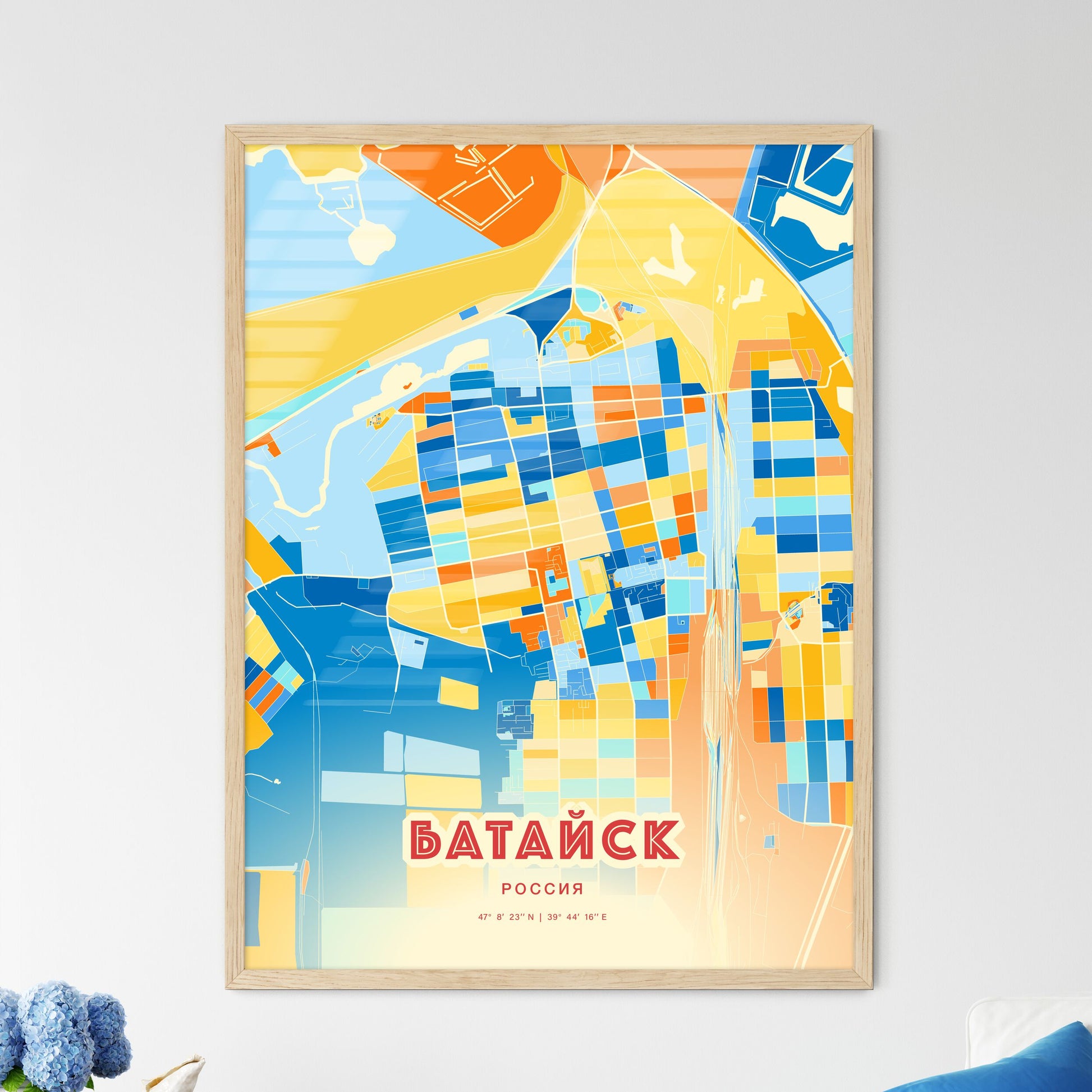 Colorful BATAYSK RUSSIA Fine Art Map Blue Orange