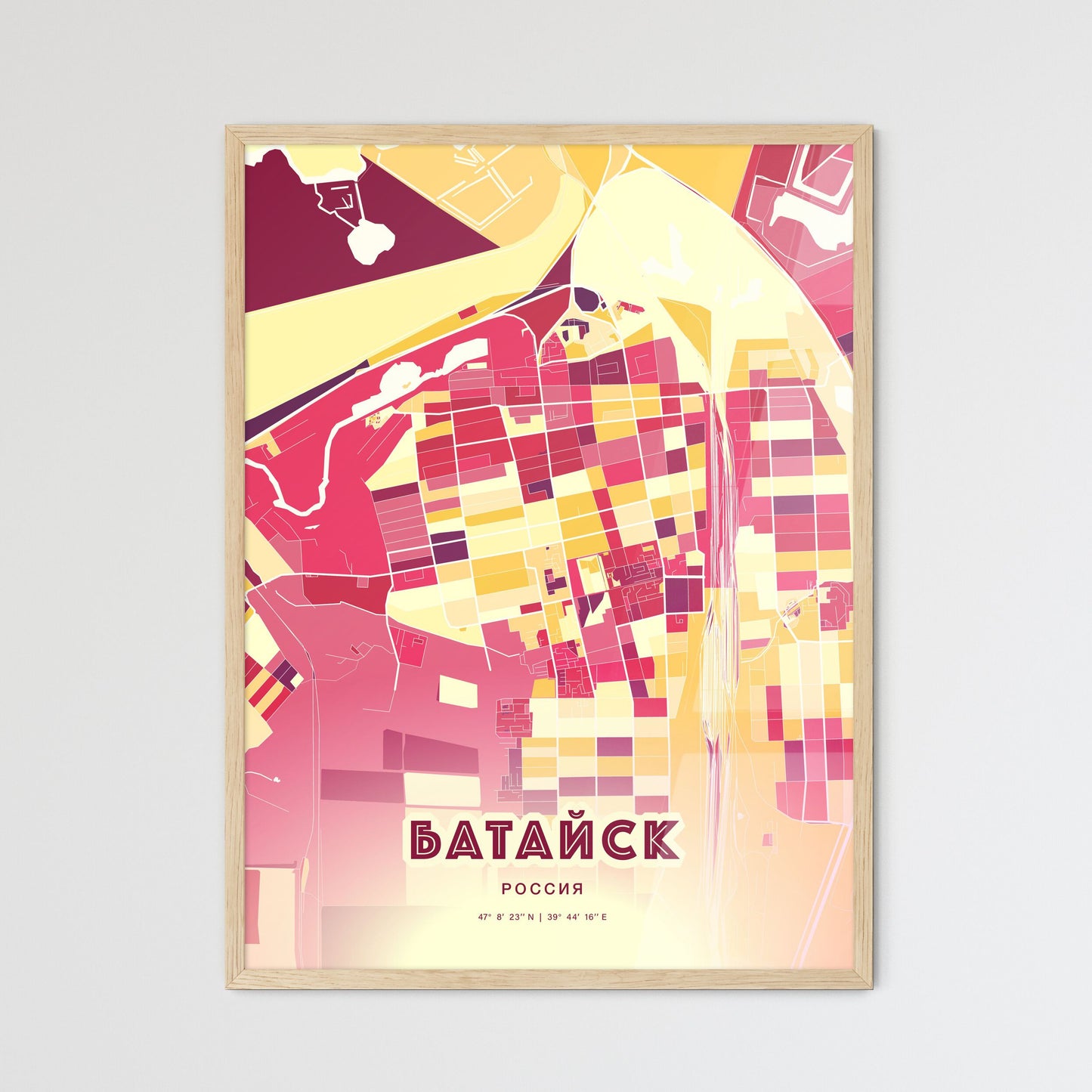 Colorful BATAYSK RUSSIA Fine Art Map Hot Red