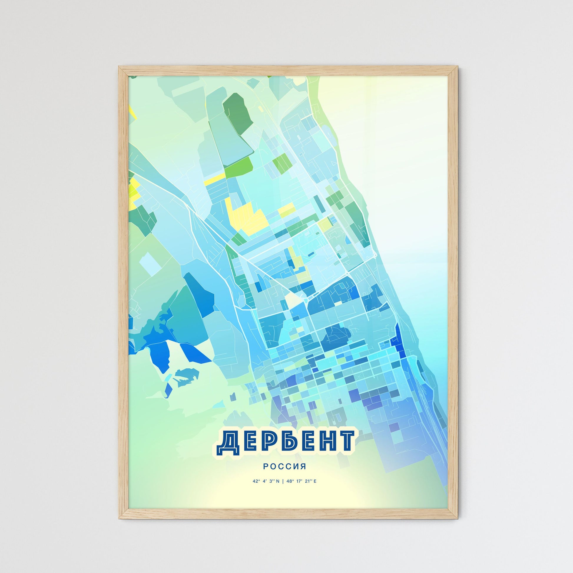 Colorful DERBENT RUSSIA Fine Art Map Cool Blue