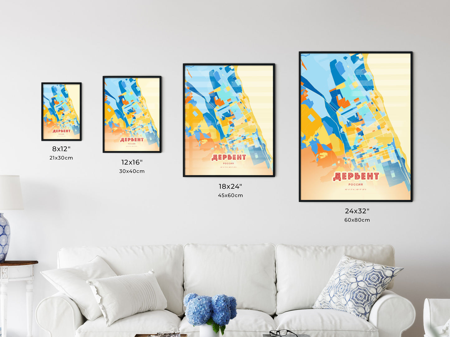 Colorful DERBENT RUSSIA Fine Art Map Blue Orange