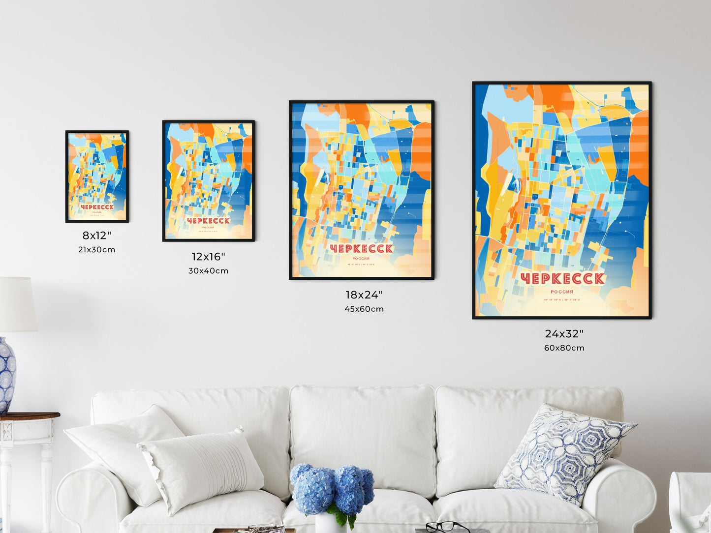 Colorful CHERKESSK RUSSIA Fine Art Map Blue Orange