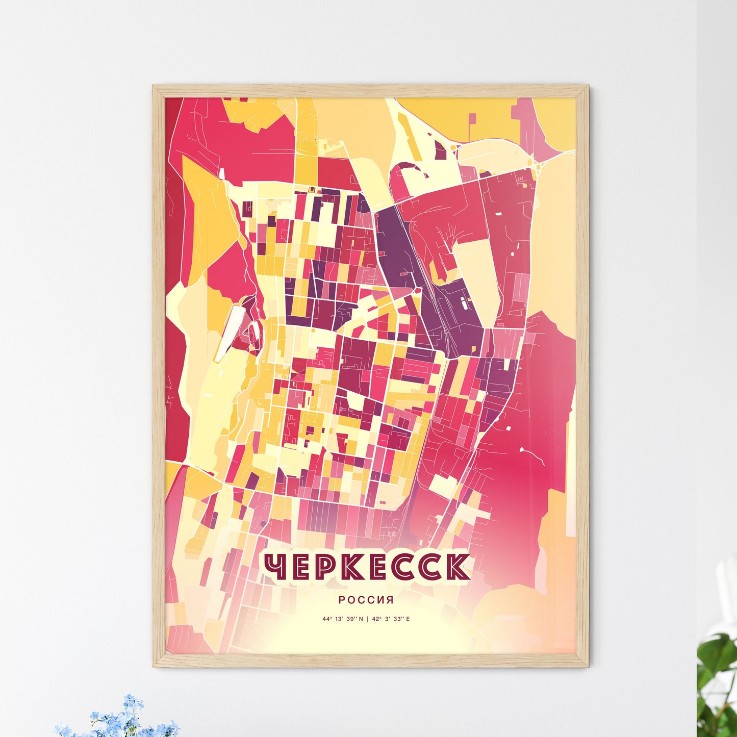 Colorful CHERKESSK RUSSIA Fine Art Map Hot Red