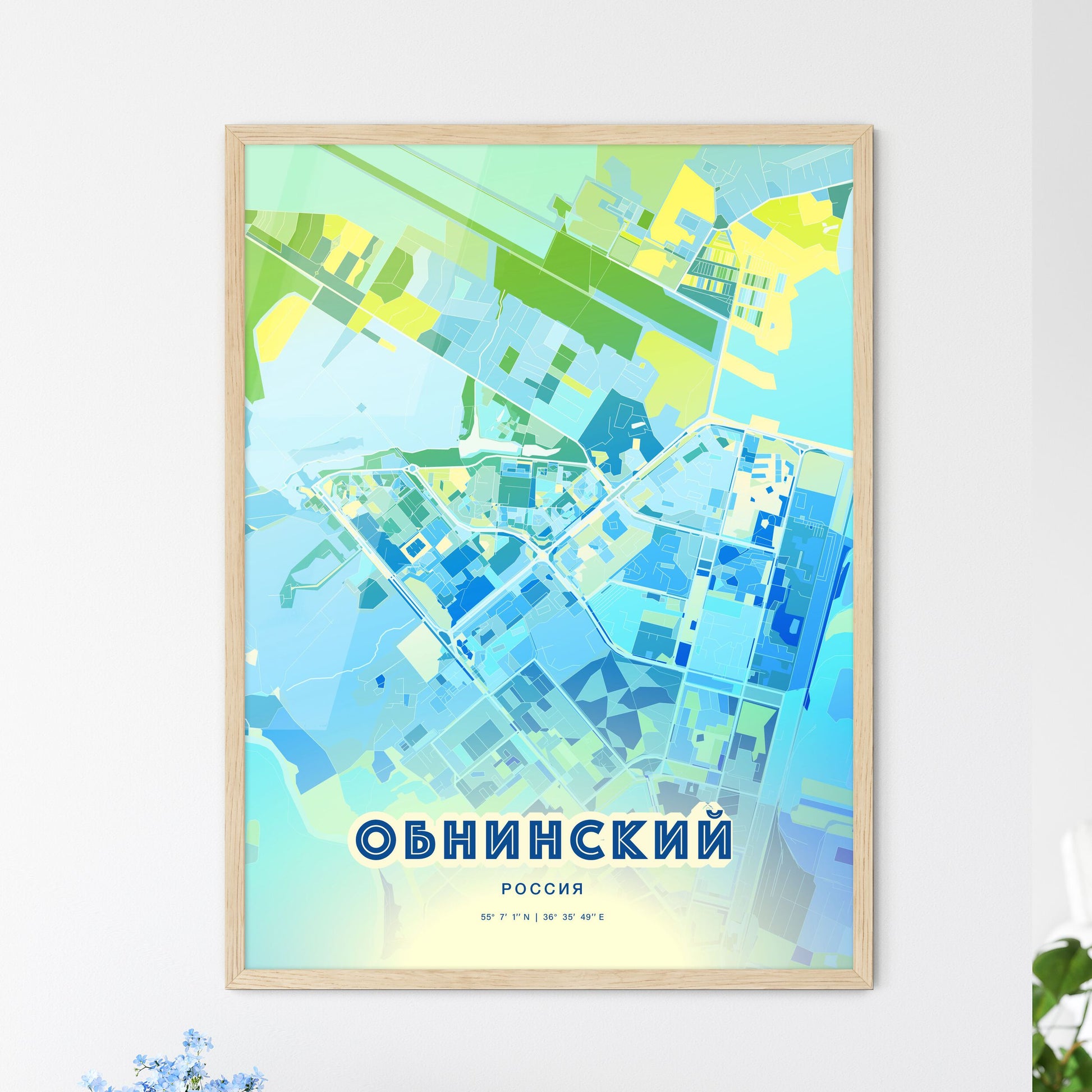 Colorful OBNINSK RUSSIA Fine Art Map Cool Blue