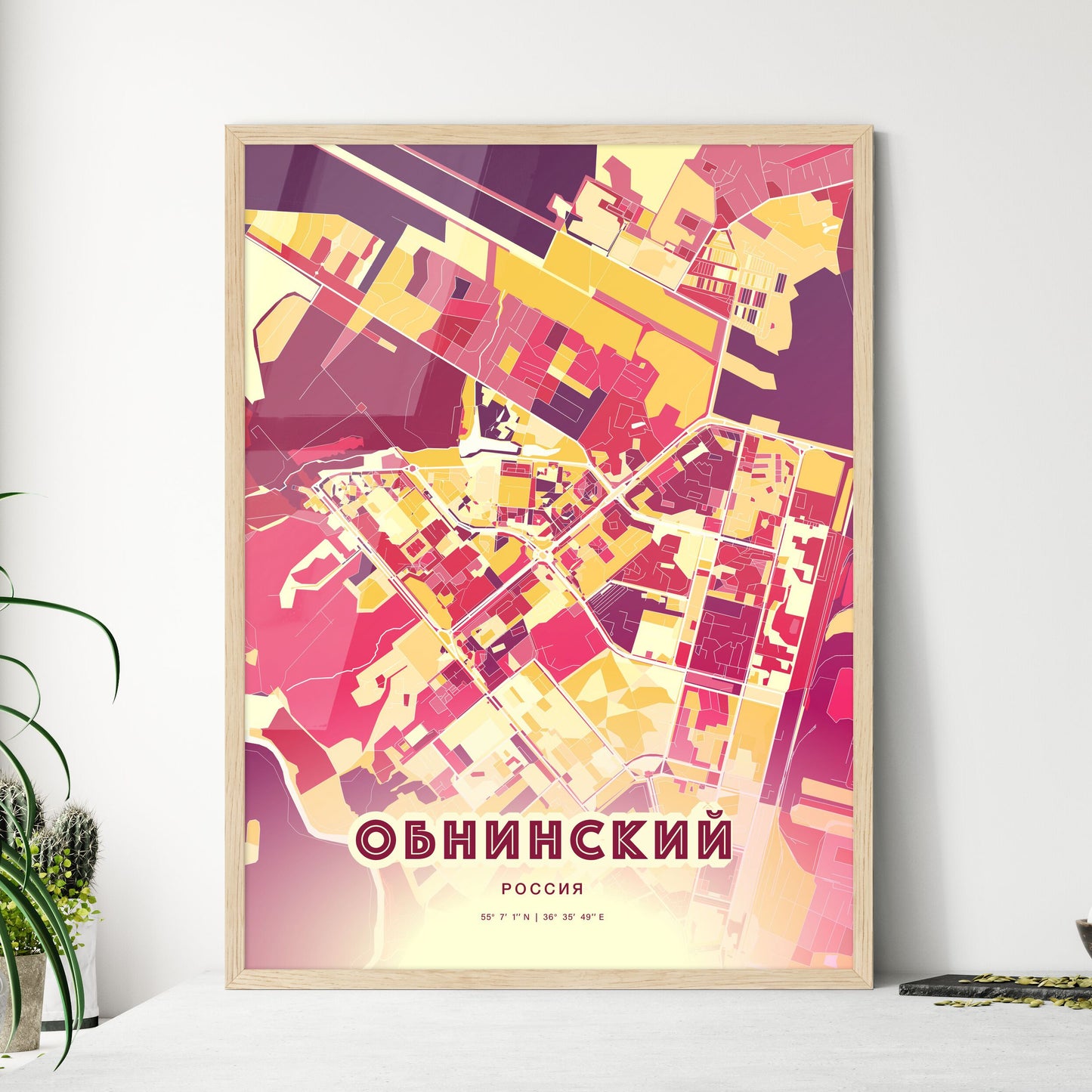 Colorful OBNINSK RUSSIA Fine Art Map Hot Red