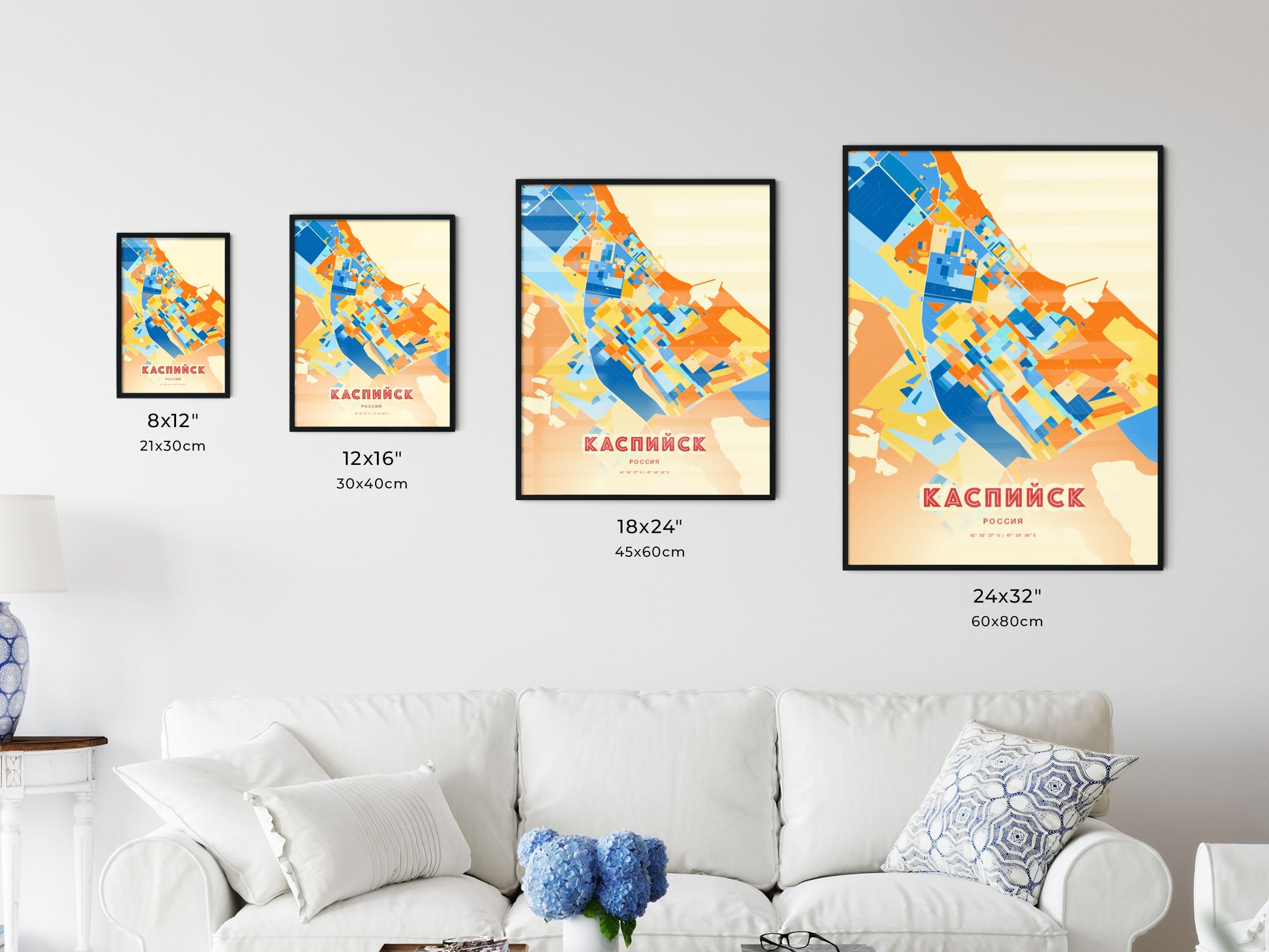 Colorful KASPIYSK RUSSIA Fine Art Map Blue Orange