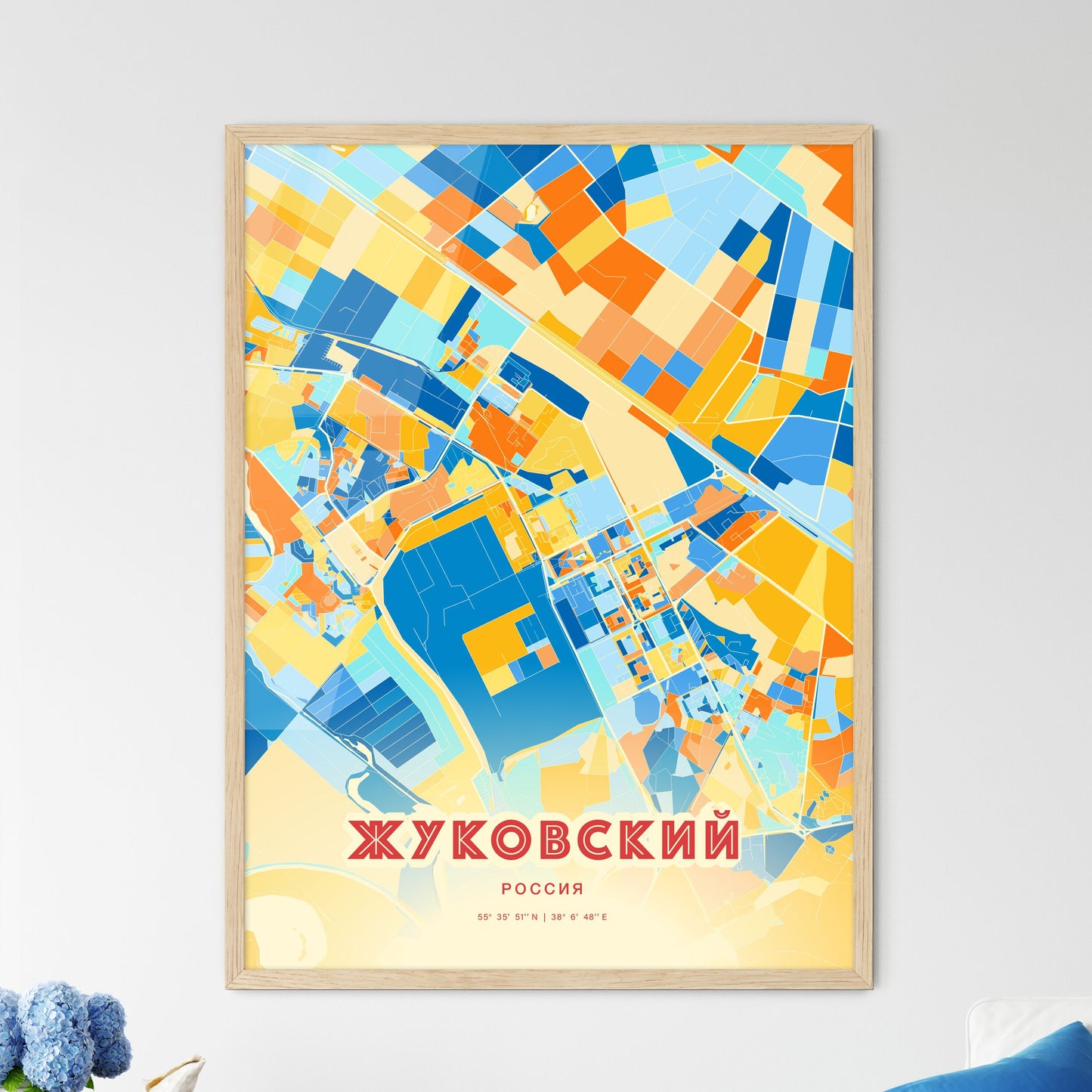 Colorful ZHUKOVSKY RUSSIA Fine Art Map Blue Orange