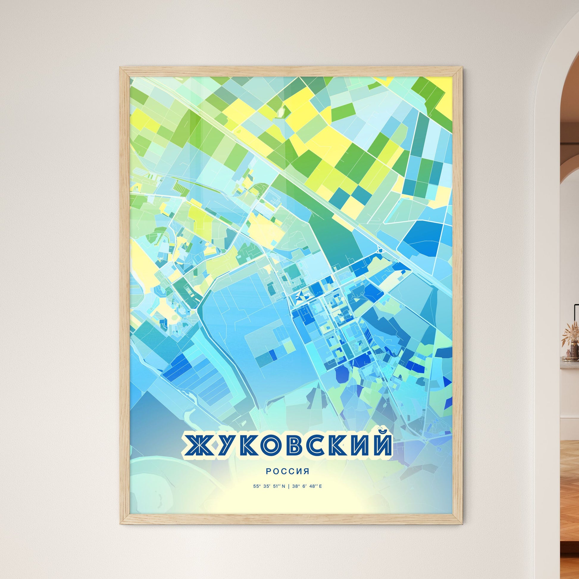 Colorful ZHUKOVSKY RUSSIA Fine Art Map Cool Blue