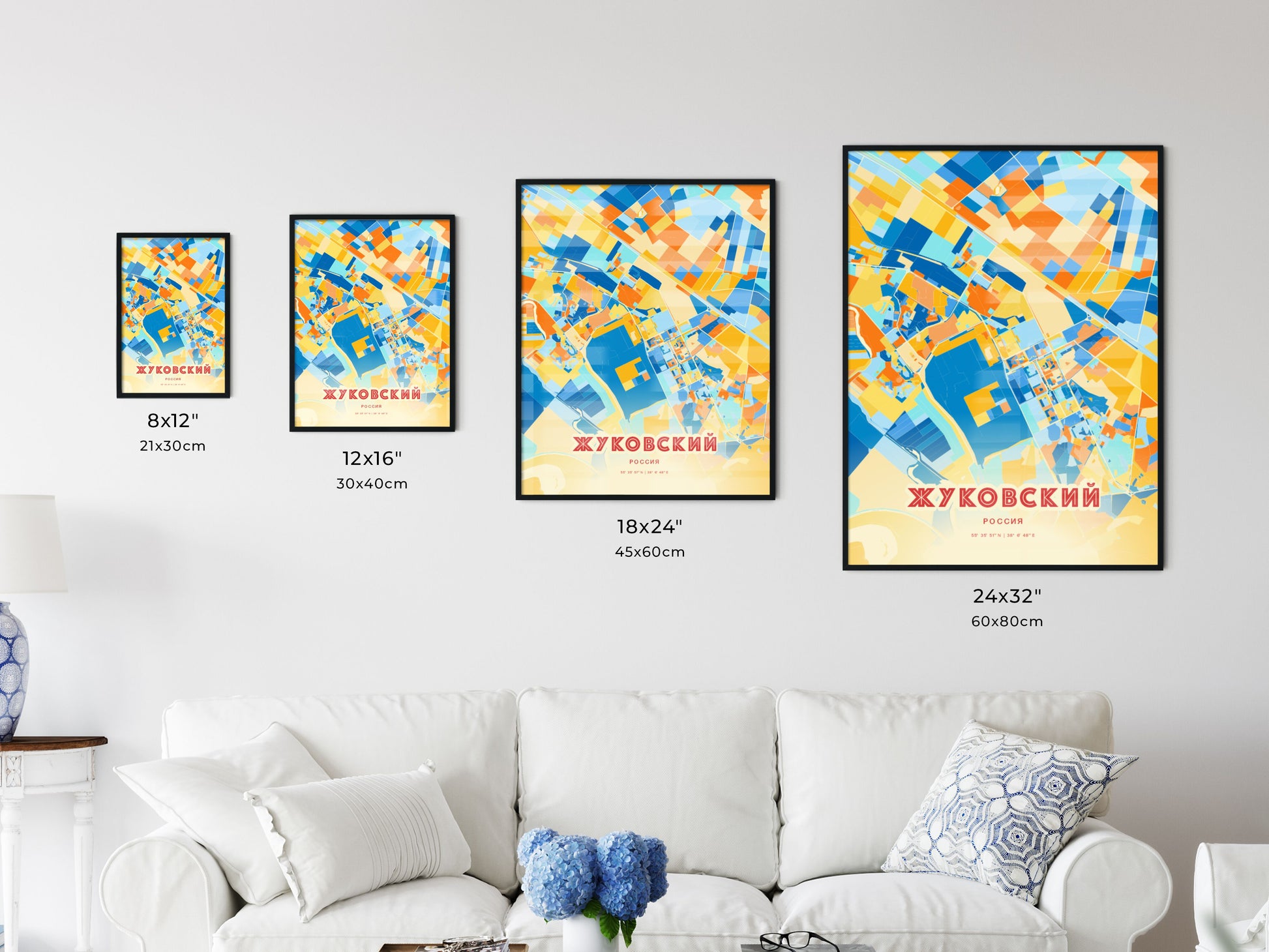 Colorful ZHUKOVSKY RUSSIA Fine Art Map Blue Orange