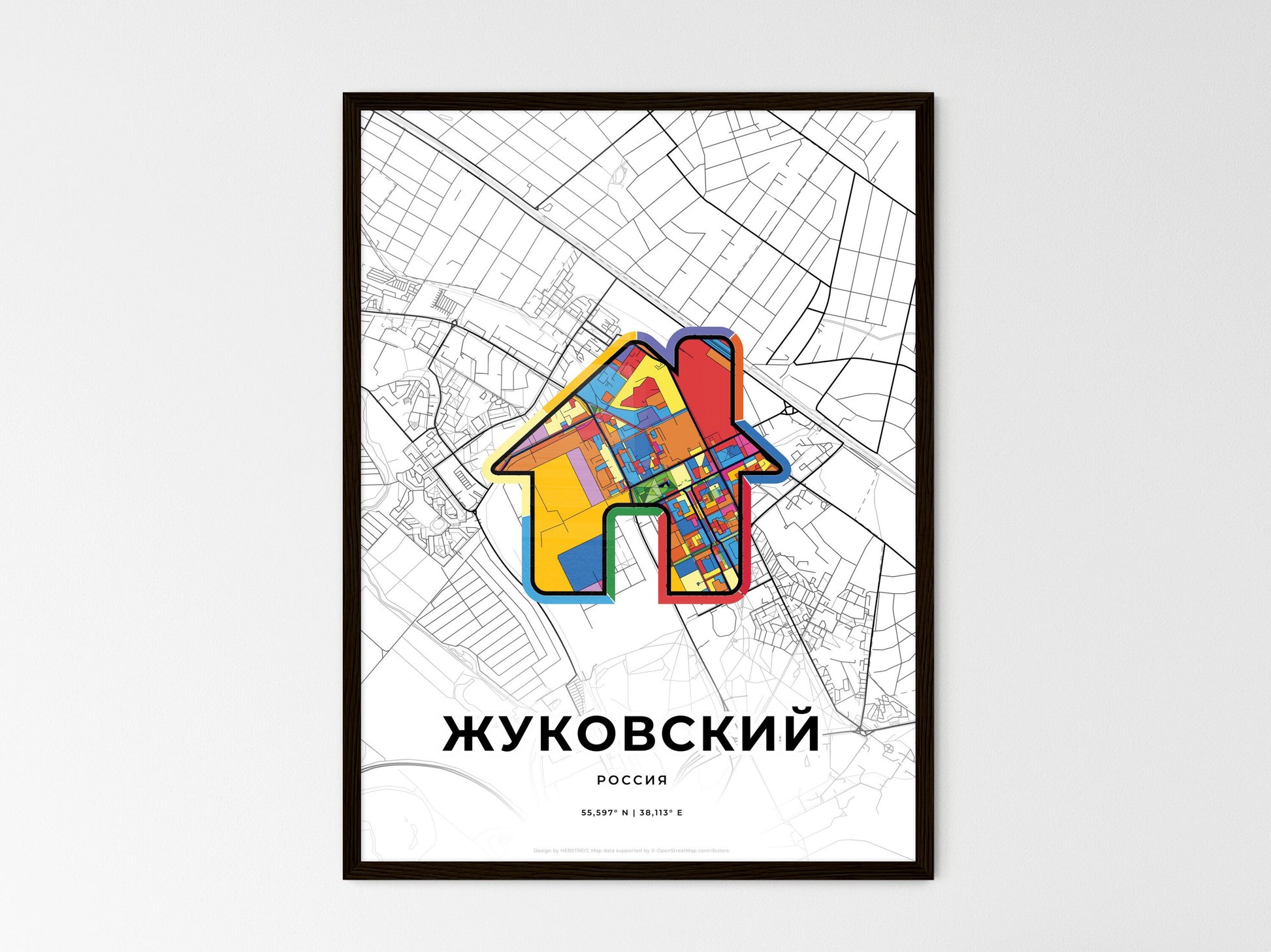 ZHUKOVSKY RUSSIA minimal art map with a colorful icon. Where it all began, Couple map gift. Style 3