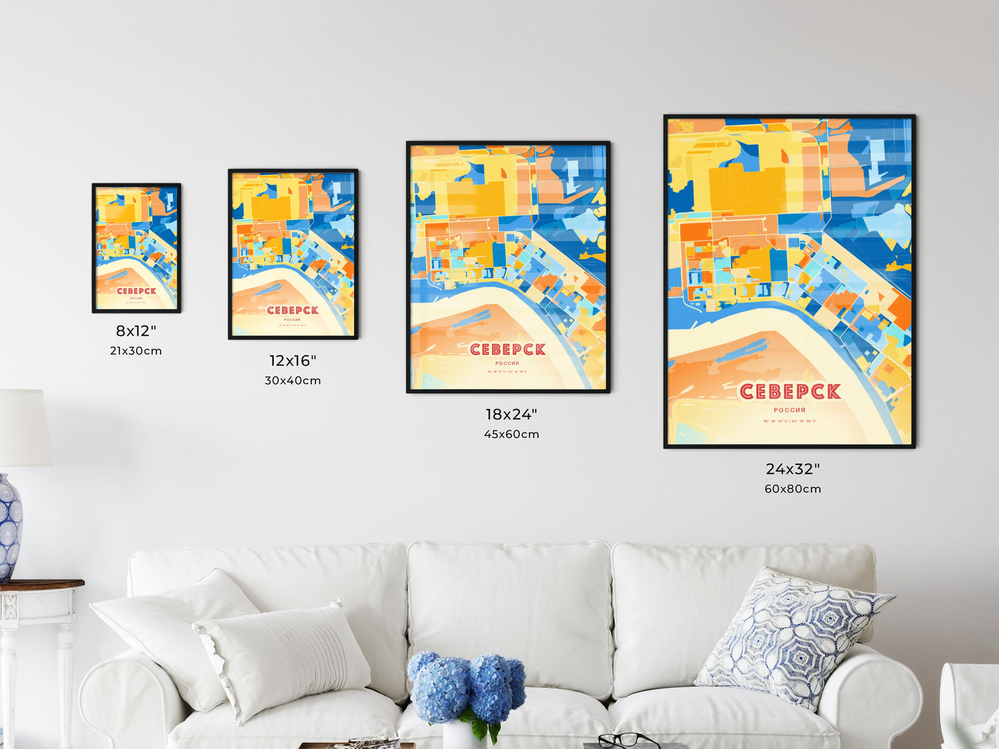 Colorful SEVERSK RUSSIA Fine Art Map Blue Orange