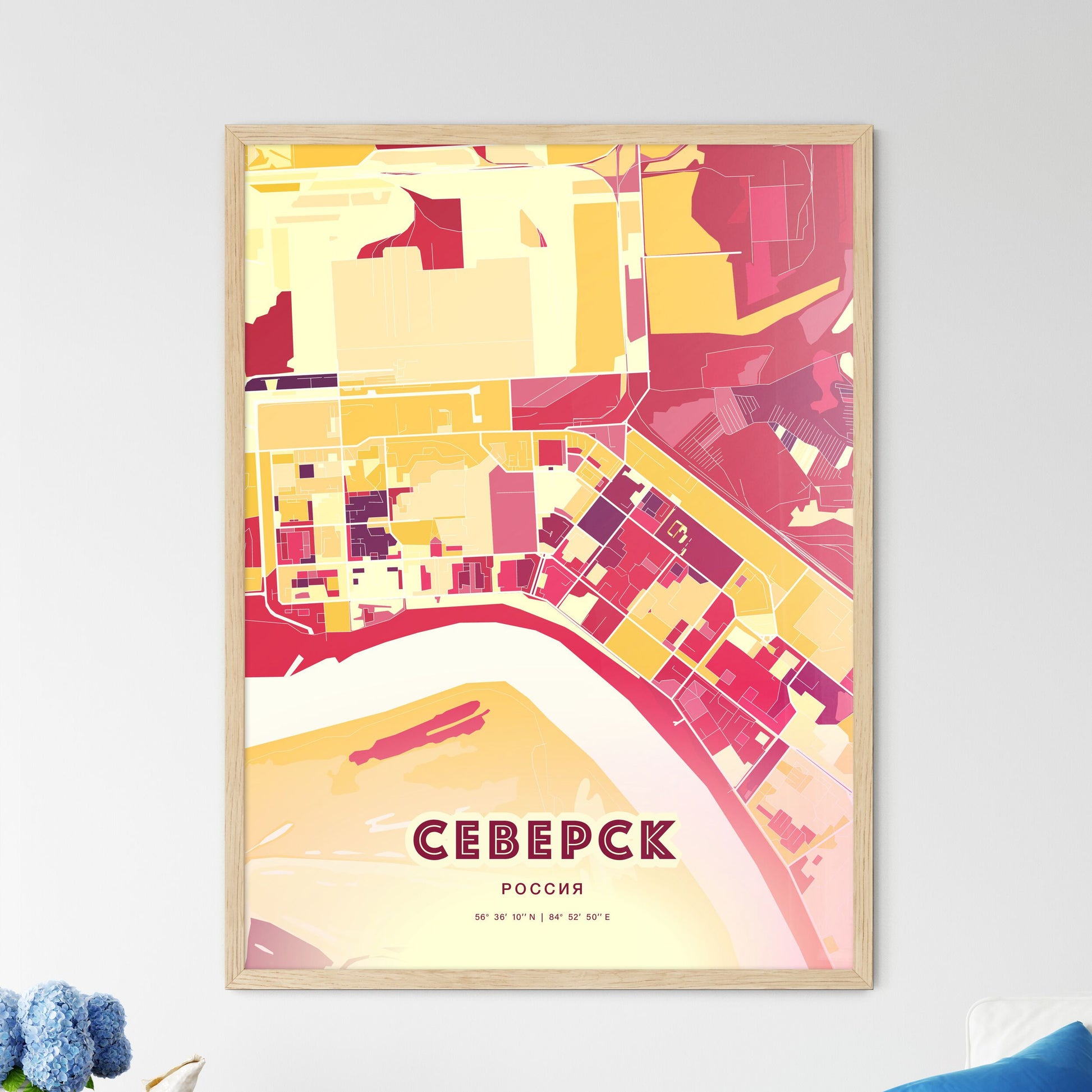 Colorful SEVERSK RUSSIA Fine Art Map Hot Red