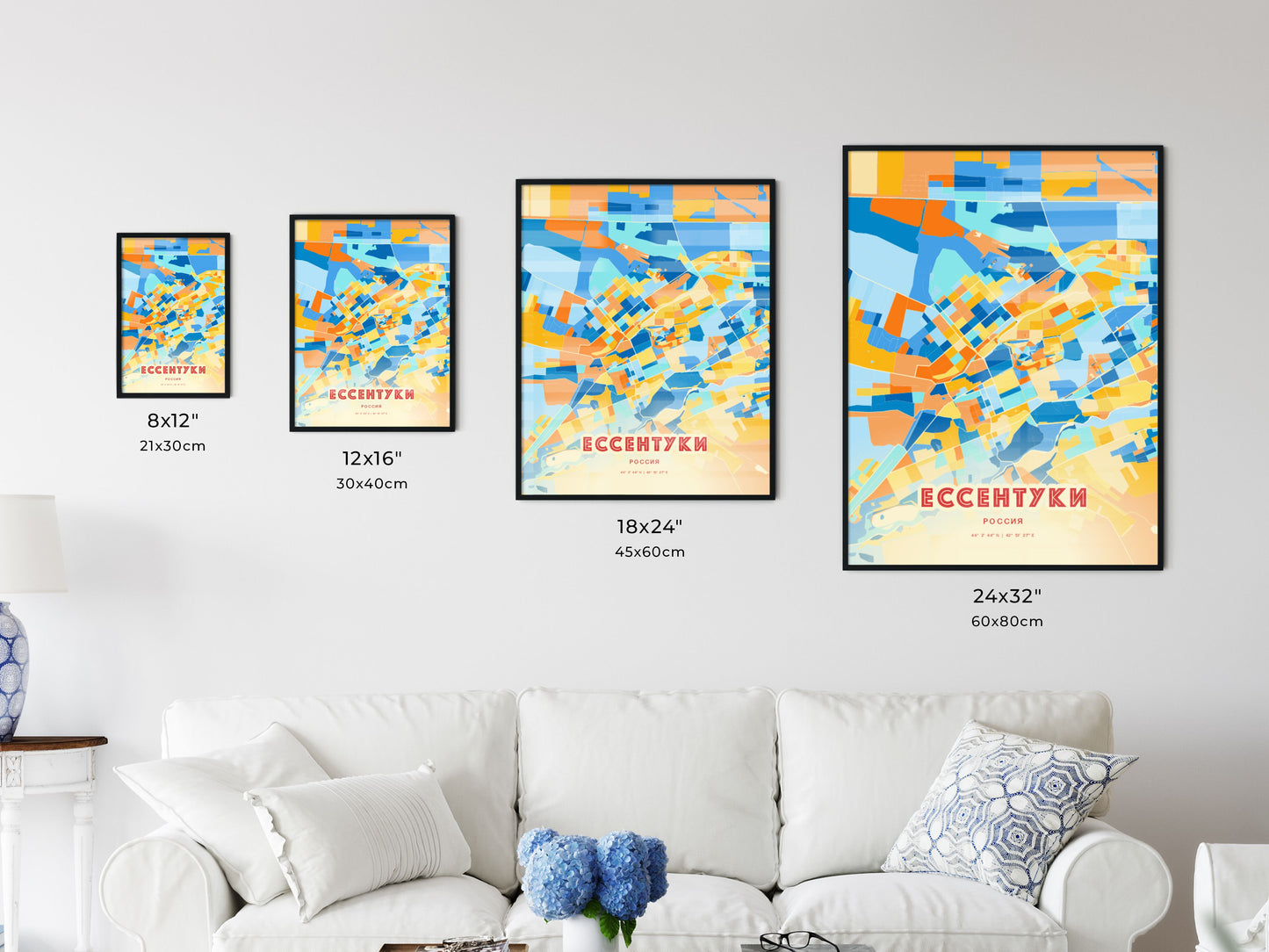 Colorful YESSENTUKI RUSSIA Fine Art Map Blue Orange