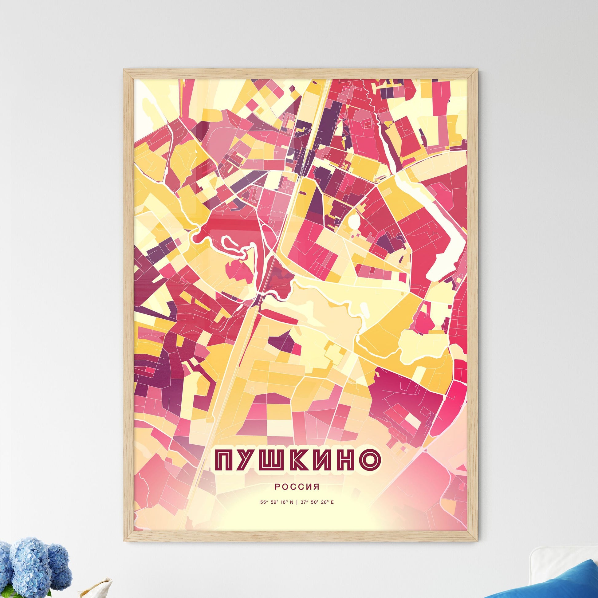 Colorful PUSHKINO RUSSIA Fine Art Map Hot Red