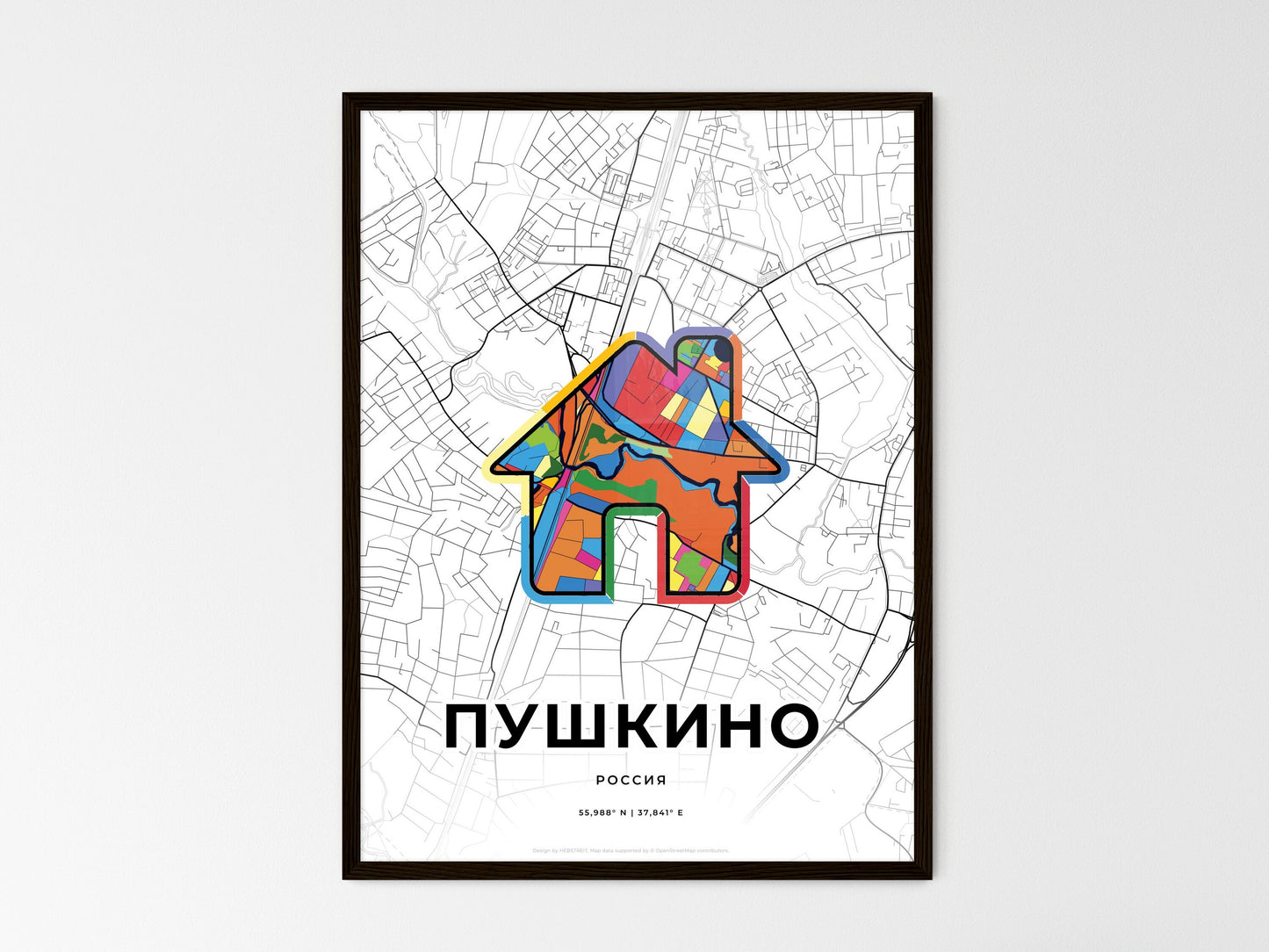 Pushkino Russia wedding art map with home icon