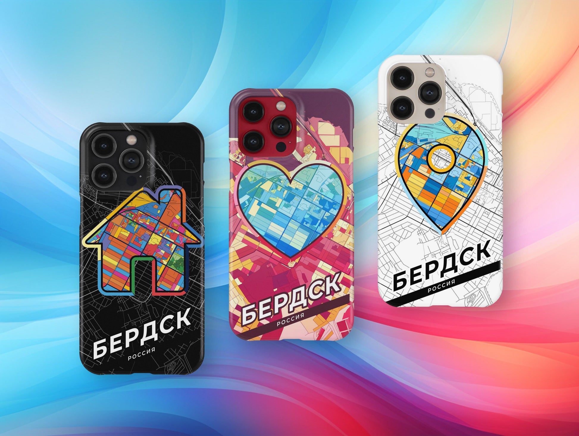 Berdsk Russia slim phone case with colorful icon. Birthday, wedding or housewarming gift. Couple match cases.