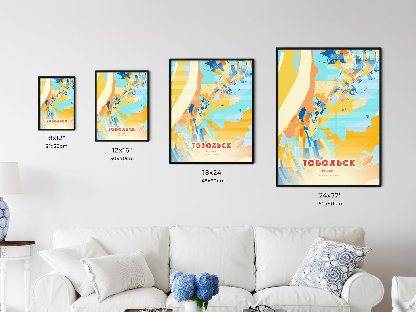 Colorful TOBOLSK RUSSIA Fine Art Map Blue Orange