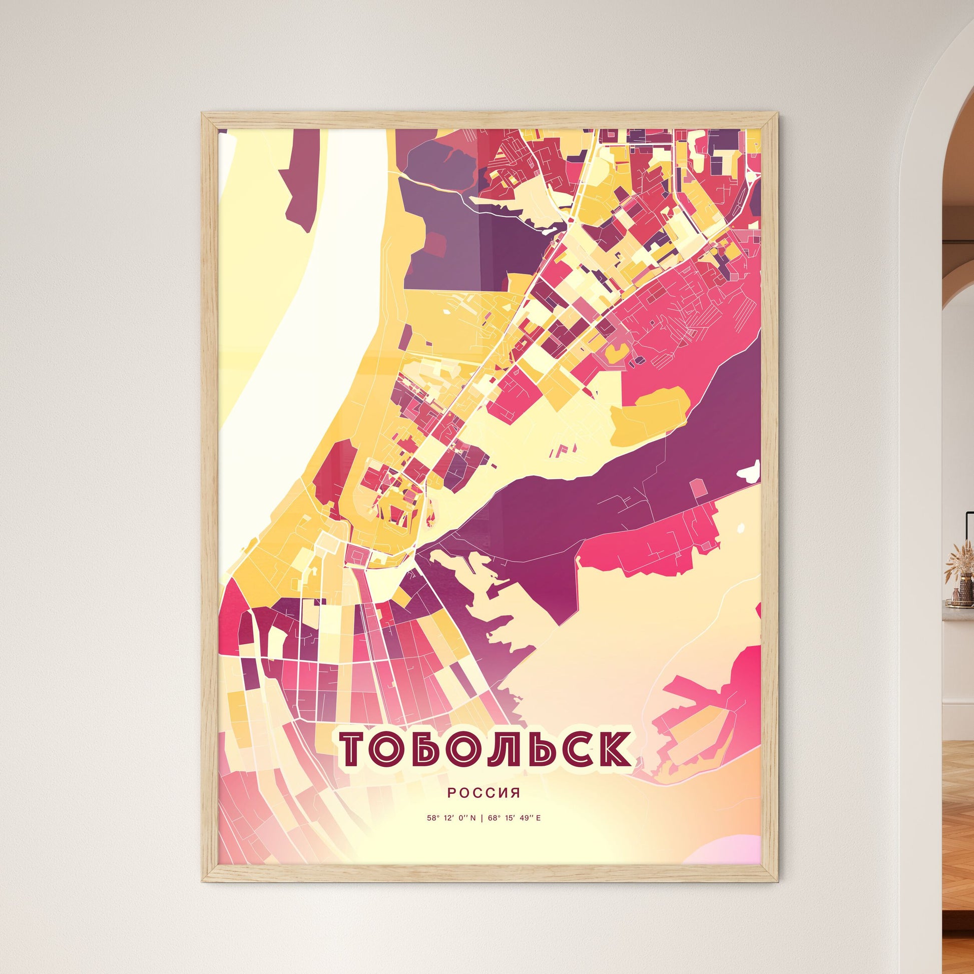 Colorful TOBOLSK RUSSIA Fine Art Map Hot Red