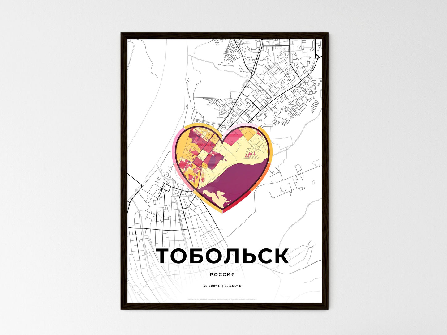 Tobolsk Russia wedding art map with heart icon