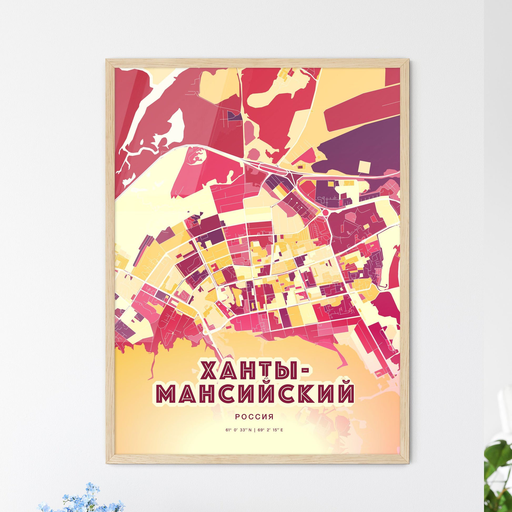 Colorful KHANTY-MANSIYSK RUSSIA Fine Art Map Hot Red