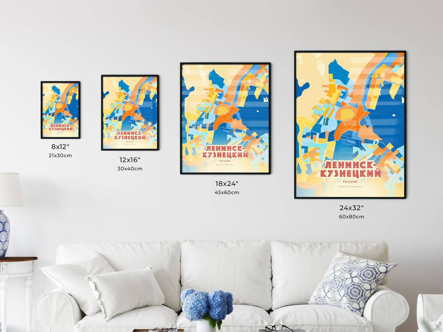 Colorful LENINSK-KUZNETSKY RUSSIA Fine Art Map Blue Orange