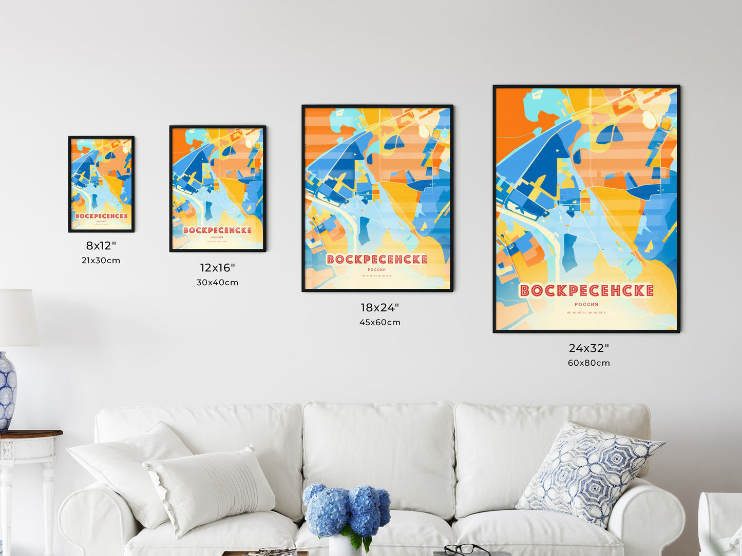 Colorful VOSKRESENSK RUSSIA Fine Art Map Blue Orange