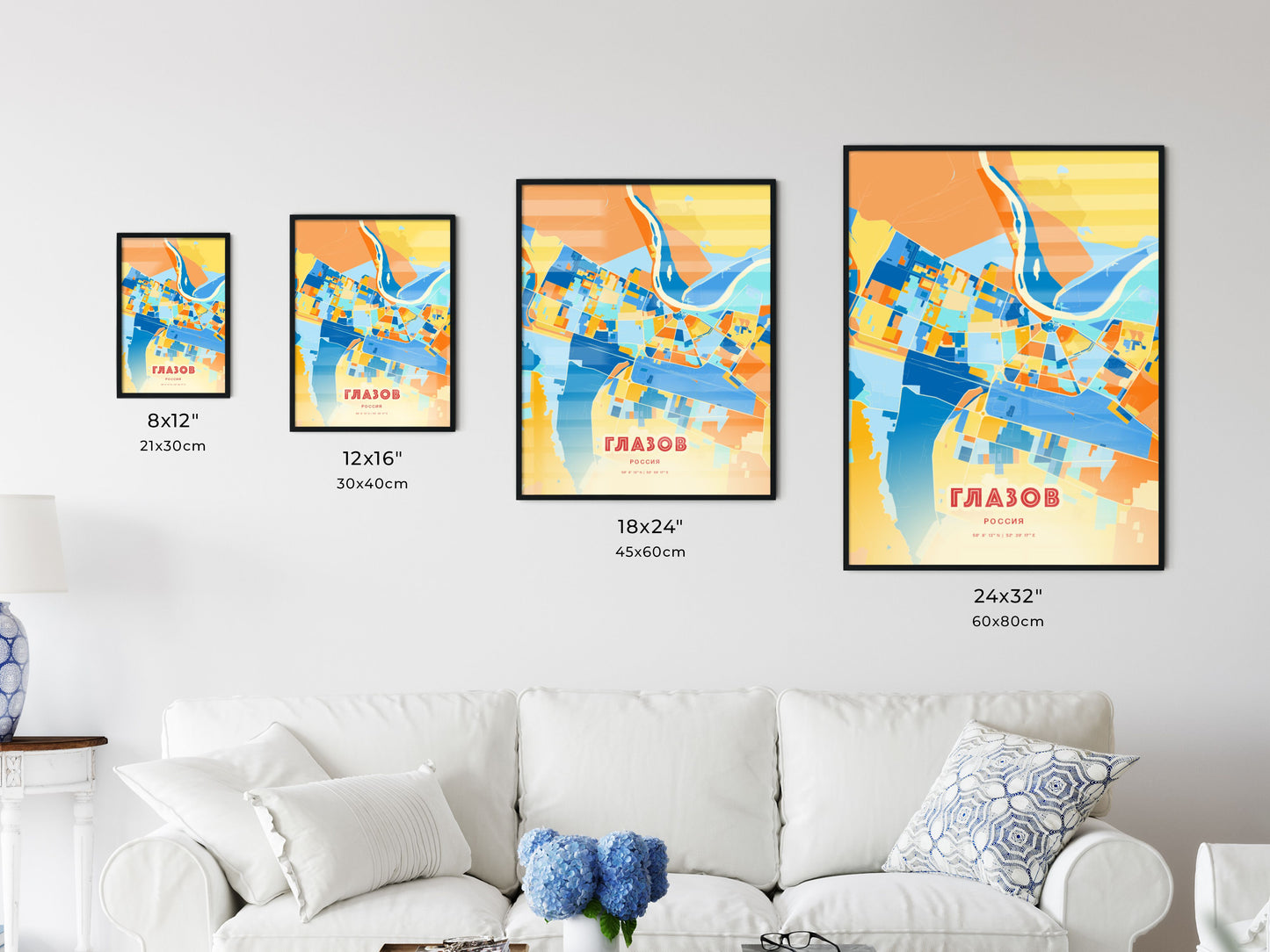 Colorful GLAZOV RUSSIA Fine Art Map Blue Orange