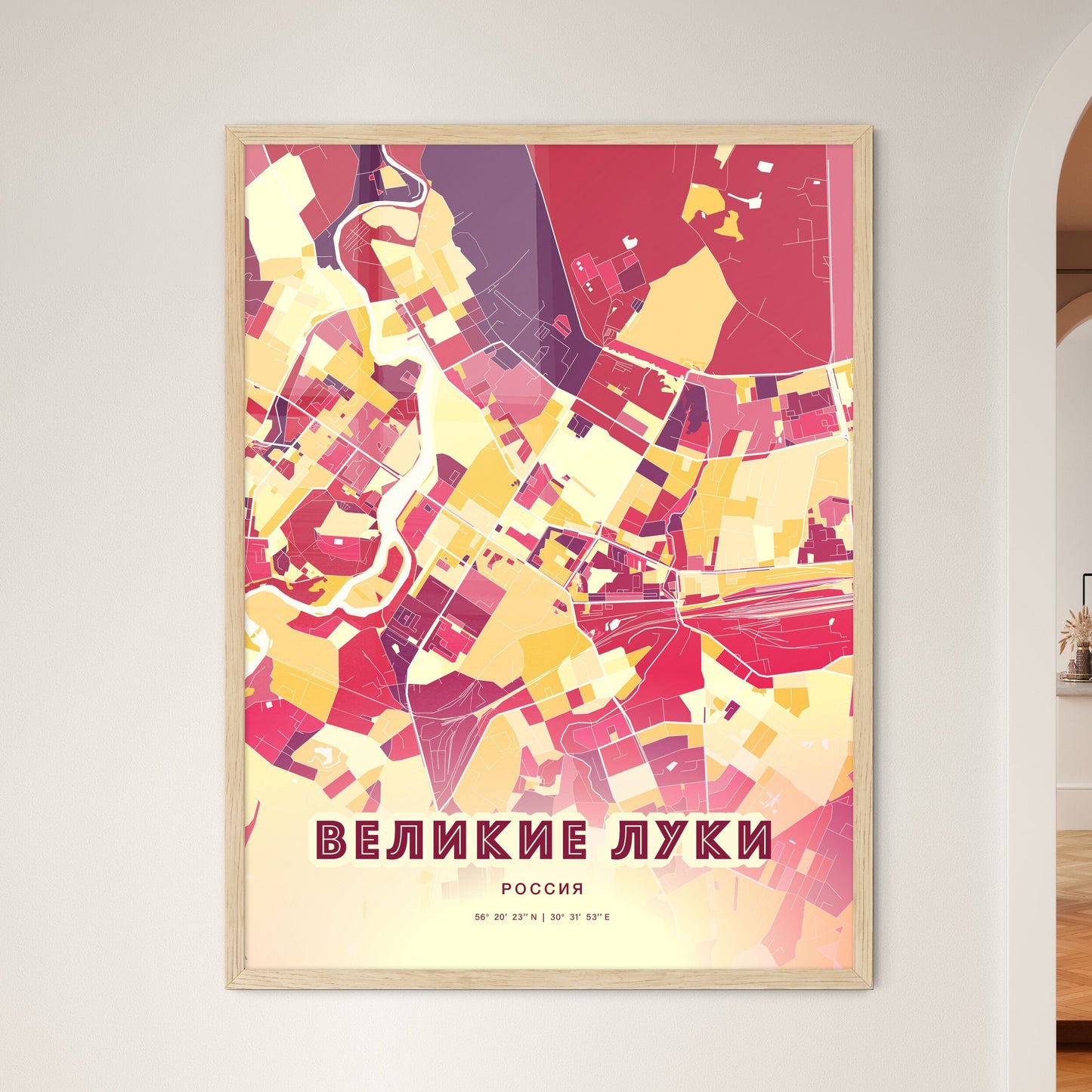 Colorful VELIKIYE LUKI RUSSIA Fine Art Map Hot Red