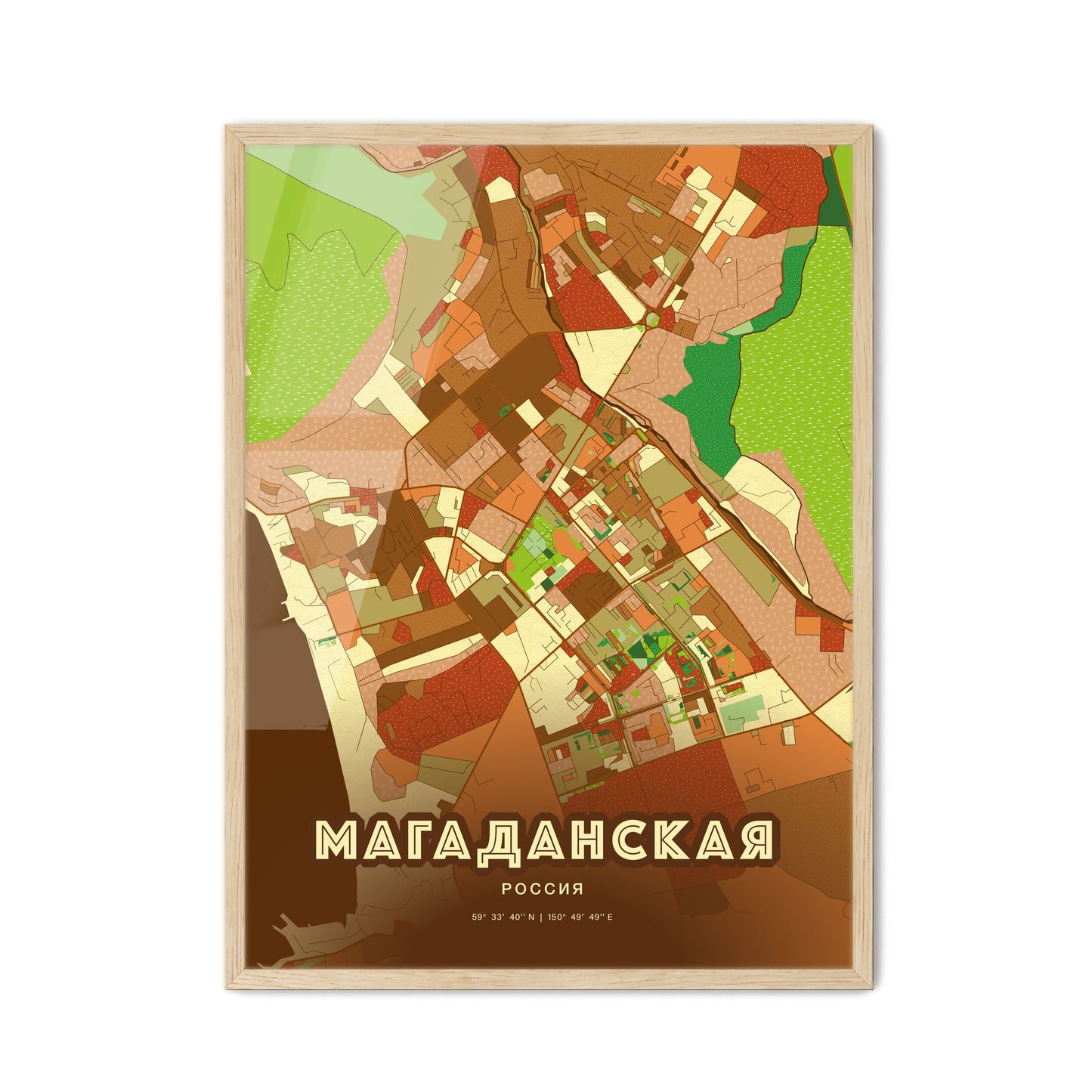 Colorful MAGADAN RUSSIA Fine Art Map Farmhouse