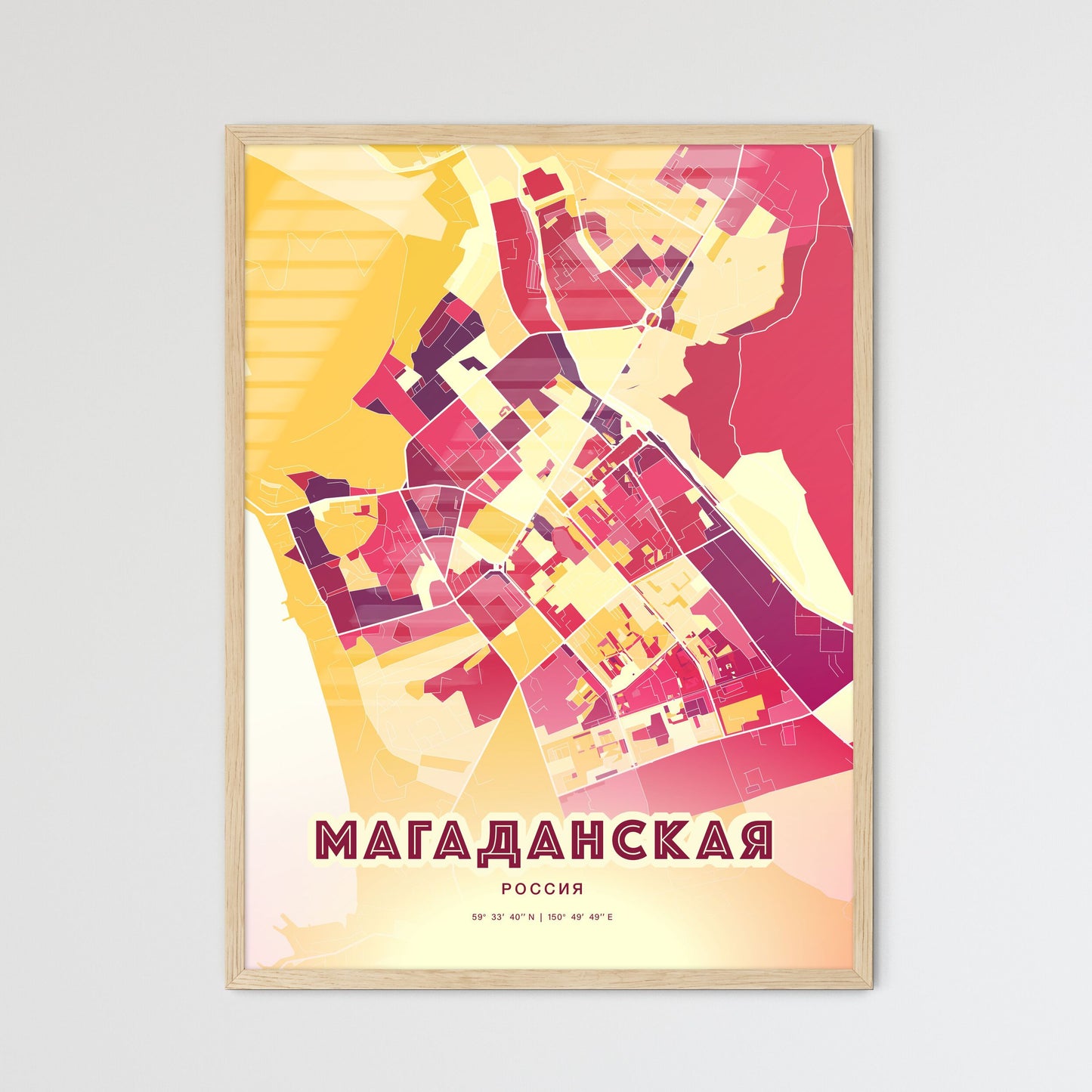 Colorful MAGADAN RUSSIA Fine Art Map Hot Red