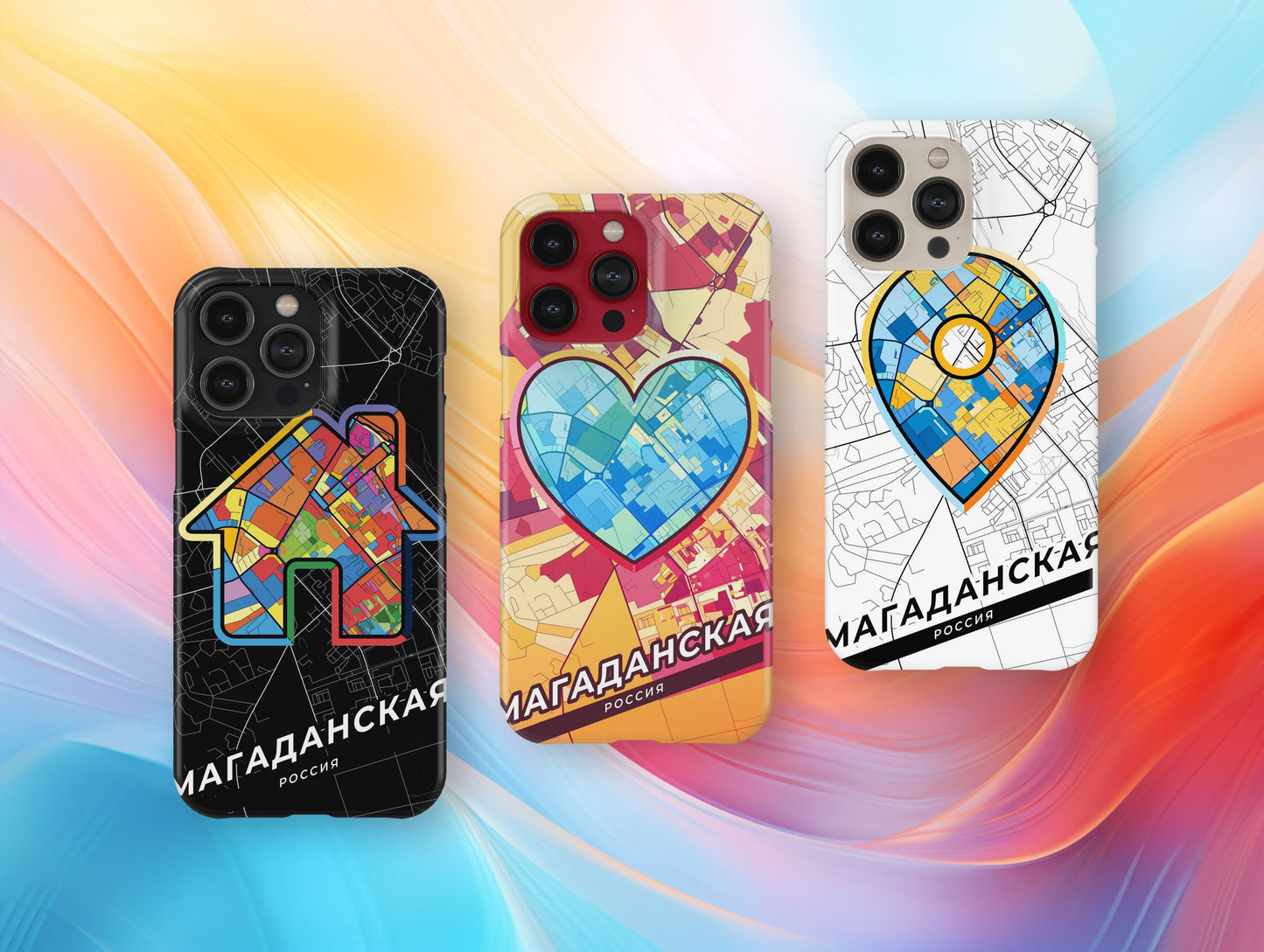 Magadan Russia slim phone case with colorful icon. Birthday, wedding or housewarming gift. Couple match cases.