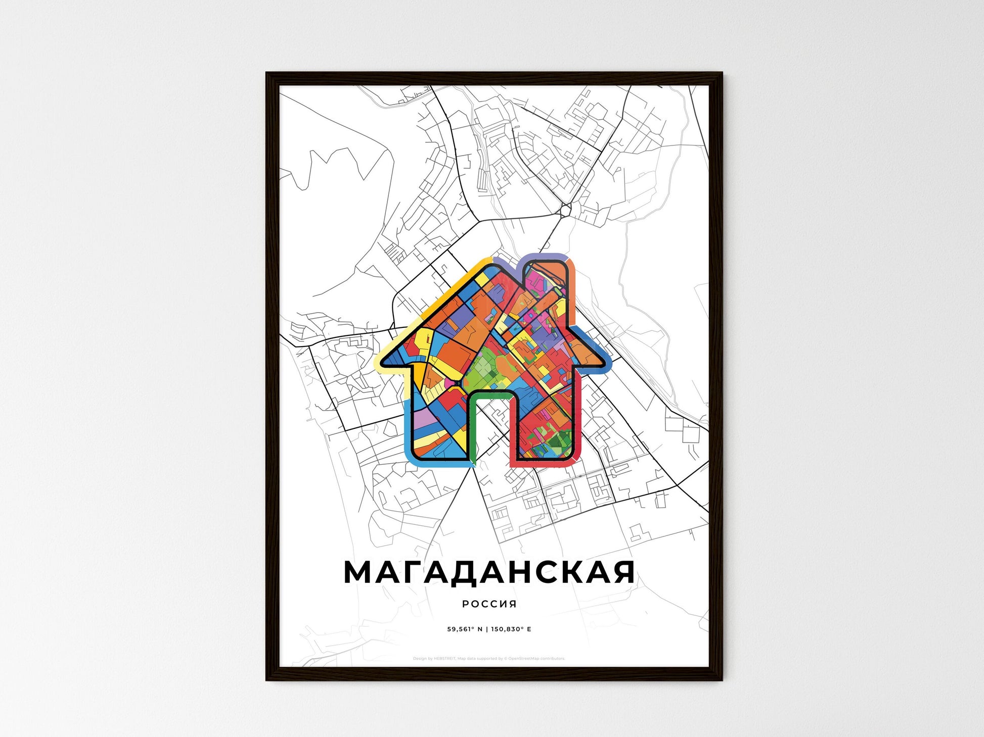 MAGADAN RUSSIA minimal art map with a colorful icon. Where it all began, Couple map gift. Style 3