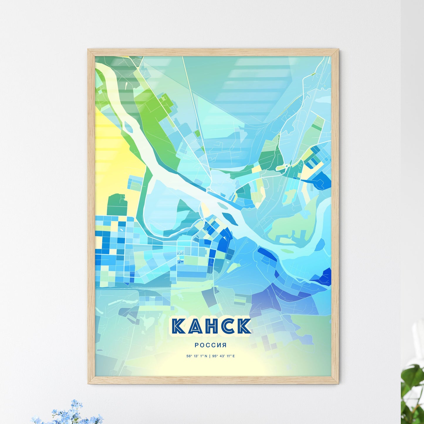 Colorful KANSK RUSSIA Fine Art Map Cool Blue